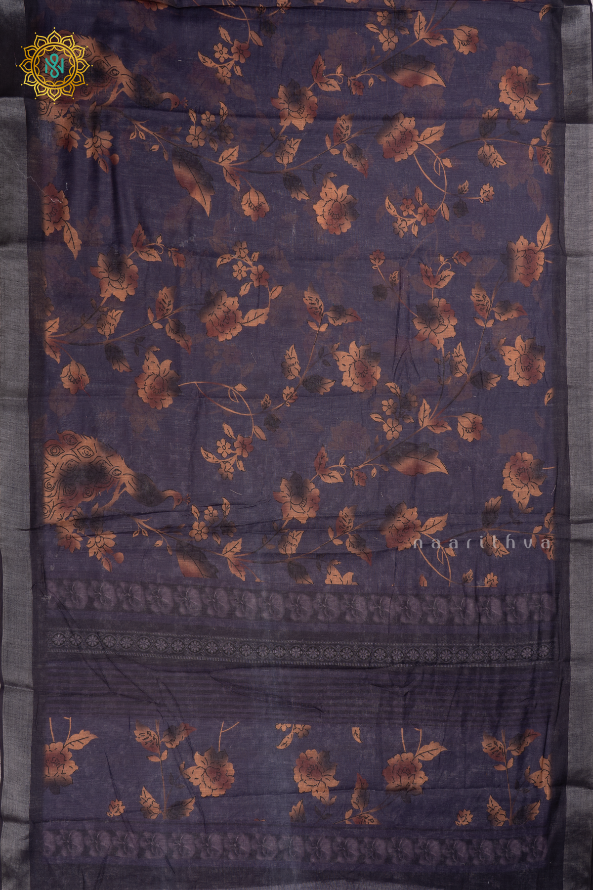 Light Purple Linen By Cotton Saree With Floral Printed Body