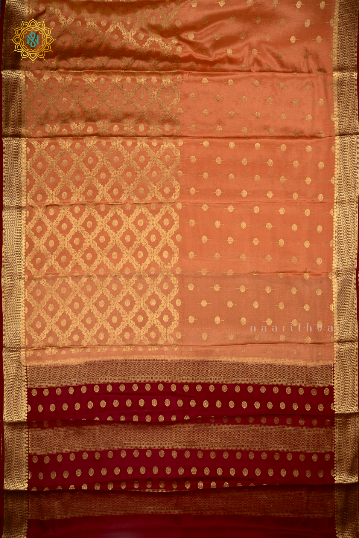 PEACH WITH MAROON - PURE MYSORE CREPE SILK
