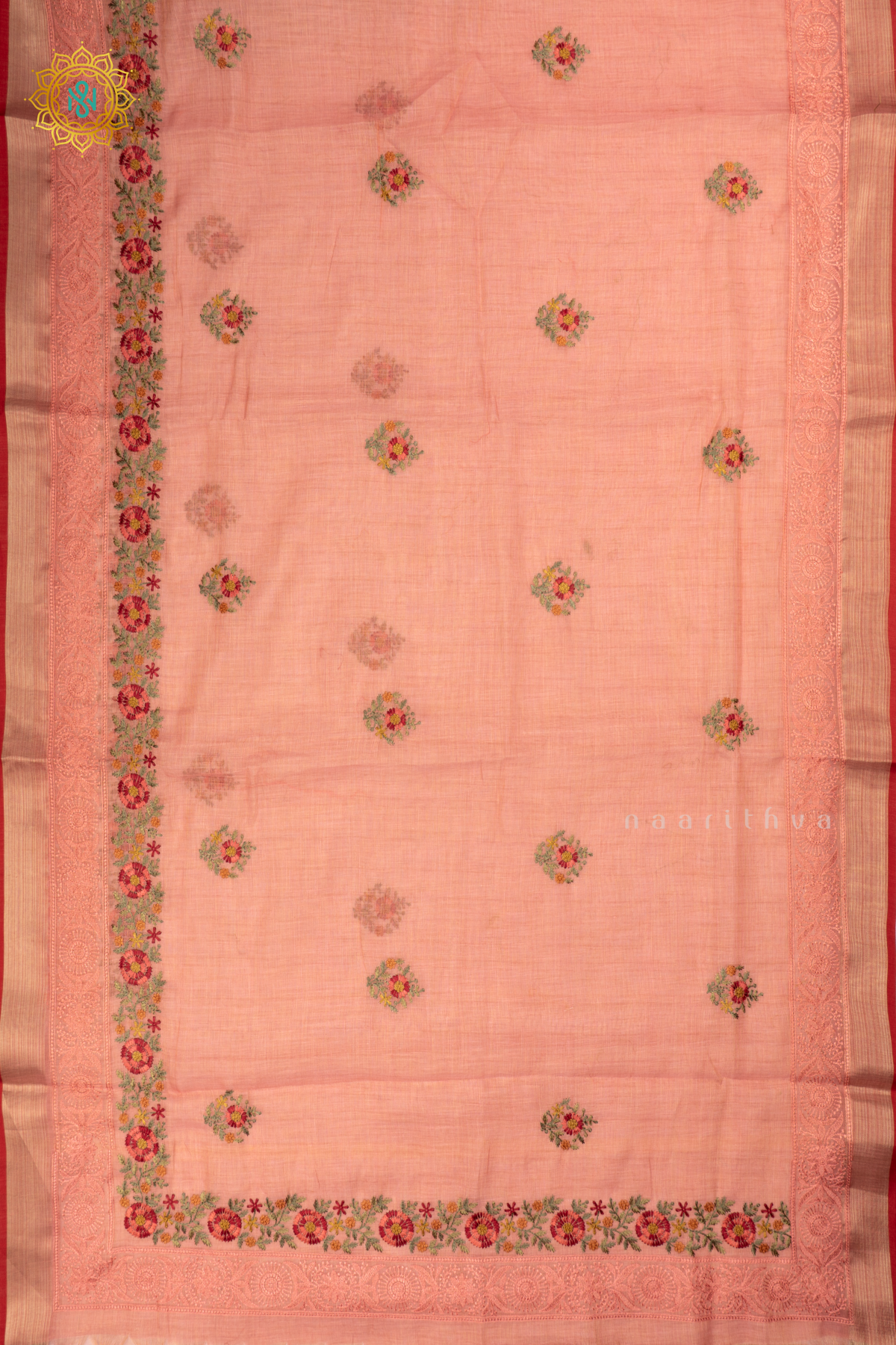 Peach - Linen Tissue Saree Allover Thread Work Buttas with Tissue Border