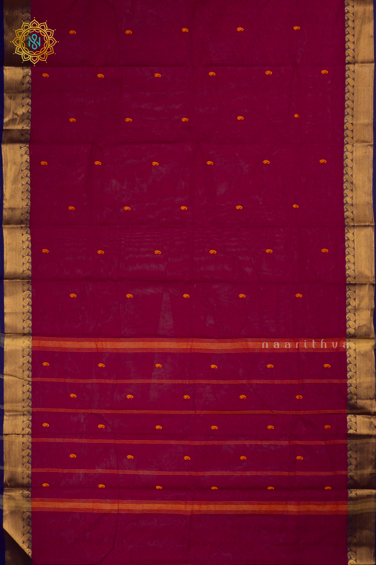 Magenta With Navy Blue - Chettinad Cotton Saree Allover Thread Woven Buttas With Contrast Zari Border