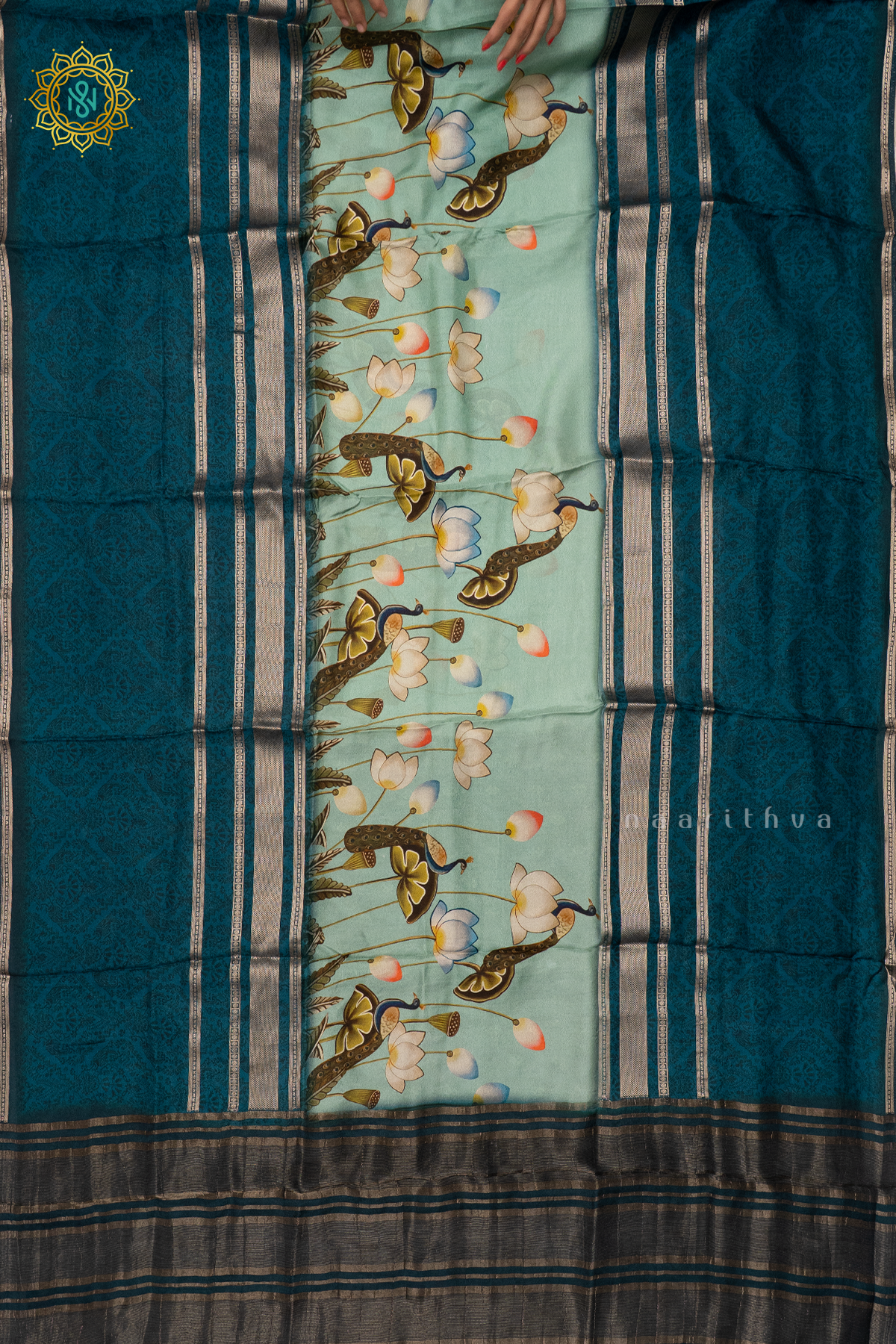 TEAL BLUE WITH AQUA GREEN - SEMI CREPE SILK