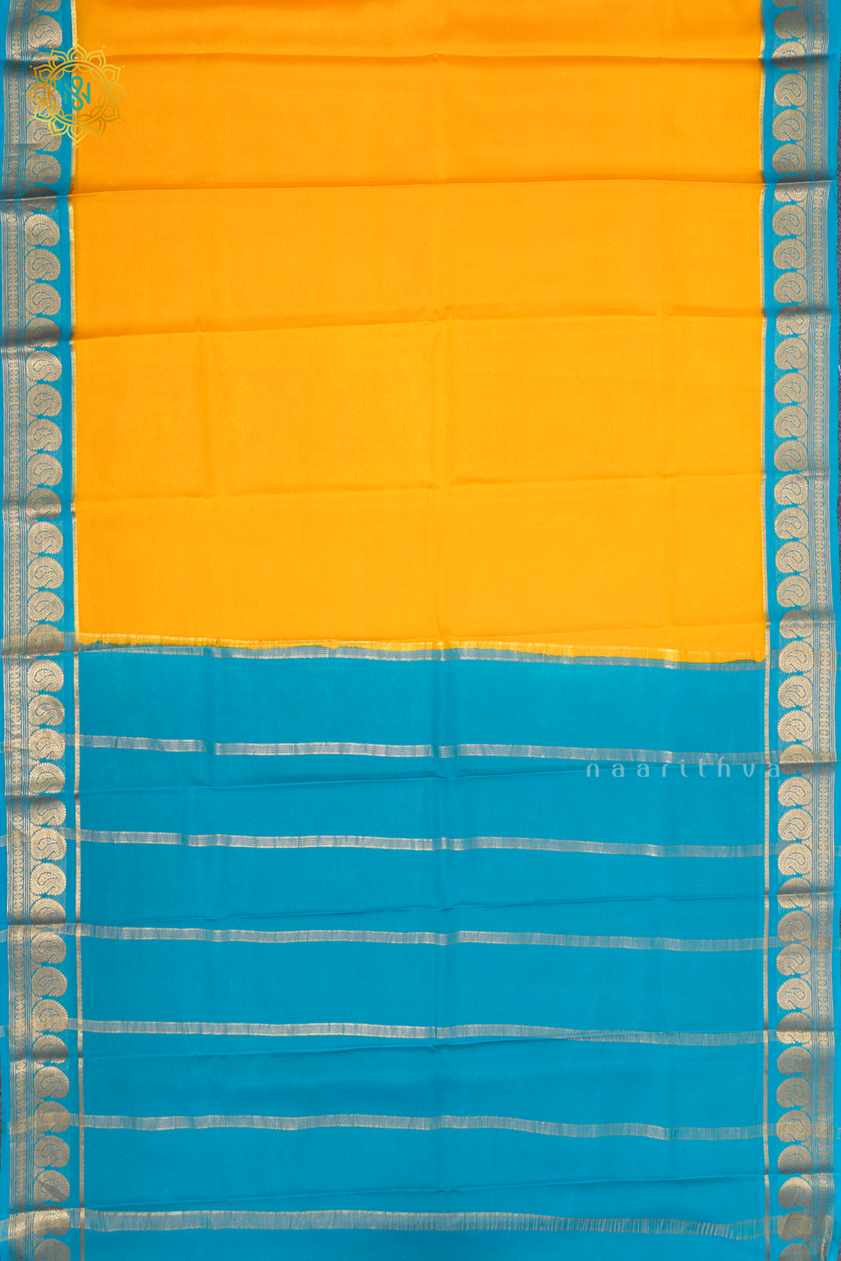 YELLOW WITH SKY BLUE - PURE MYSORE CREPE SILK