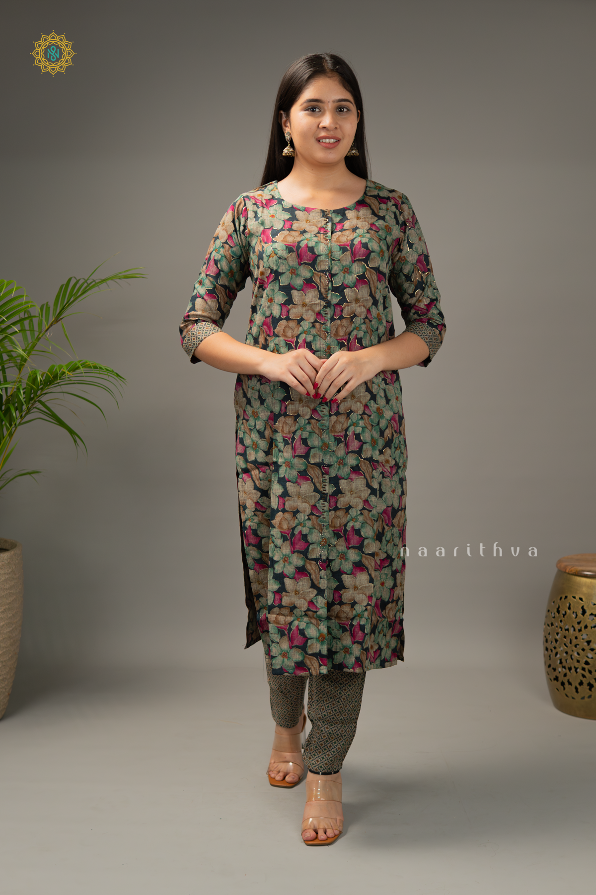 BOTTLE GREEN - COTTON 3PC SALWAR SUIT WITH FLORAL PRINTED TOP, BOTTOM & DUPATTA