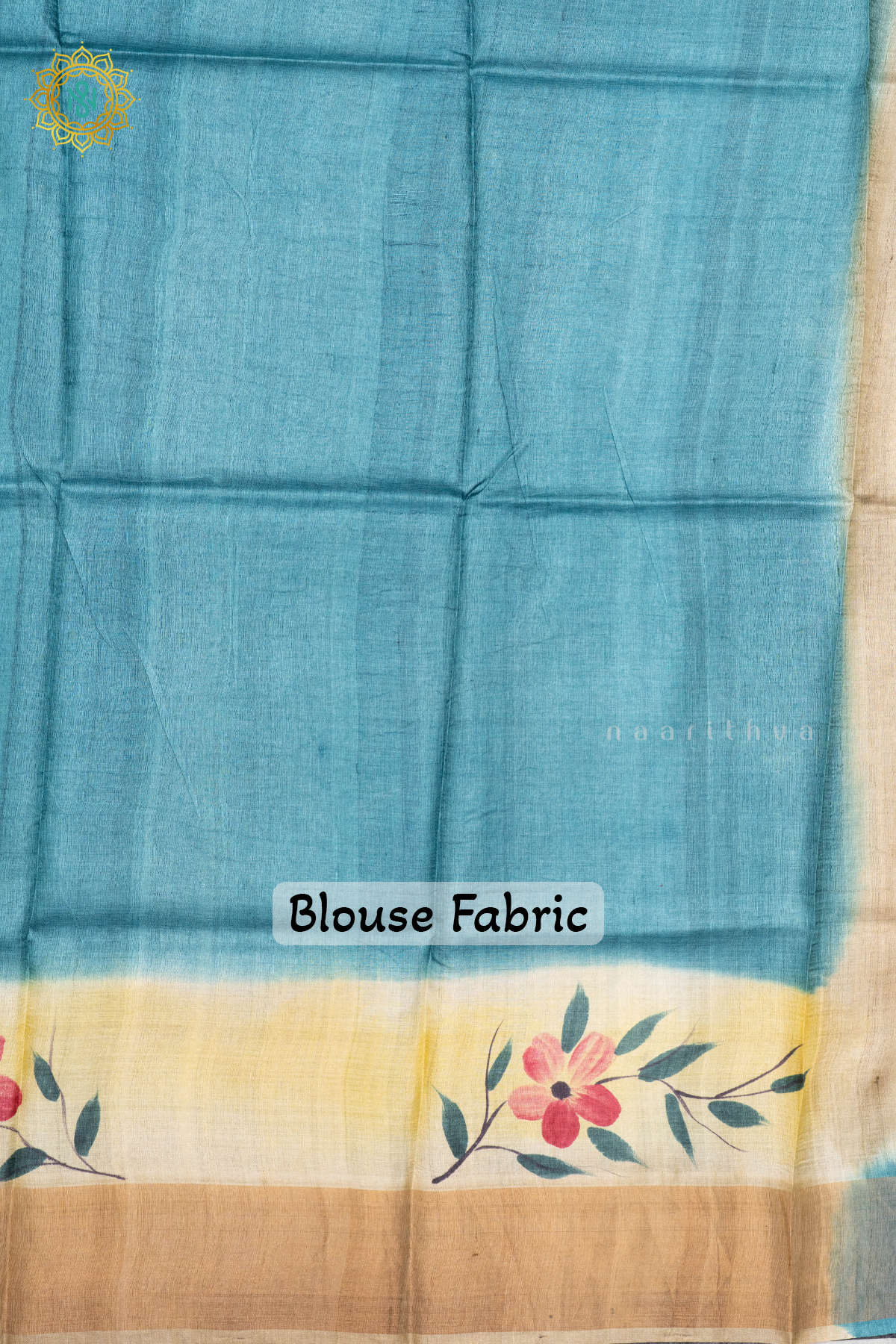 BEIGE WITH AQUA BLUE - PURE TUSSAR SILK WITH HAND PAINTED