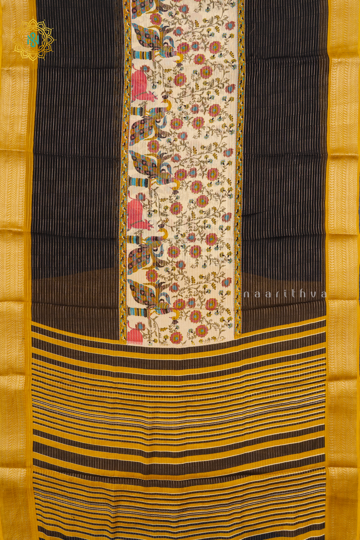 OFF WHITE WITH BLACK & YELLOW - SEMI GEORGETTE