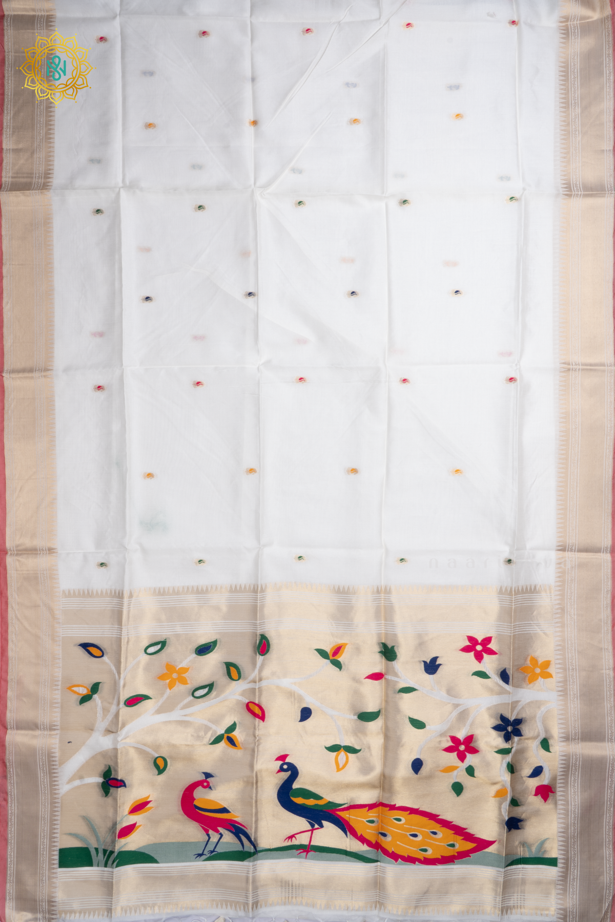 White Semi Tussar Silk Saree Zari Buttas On The Body With Paithani Border & Pallu