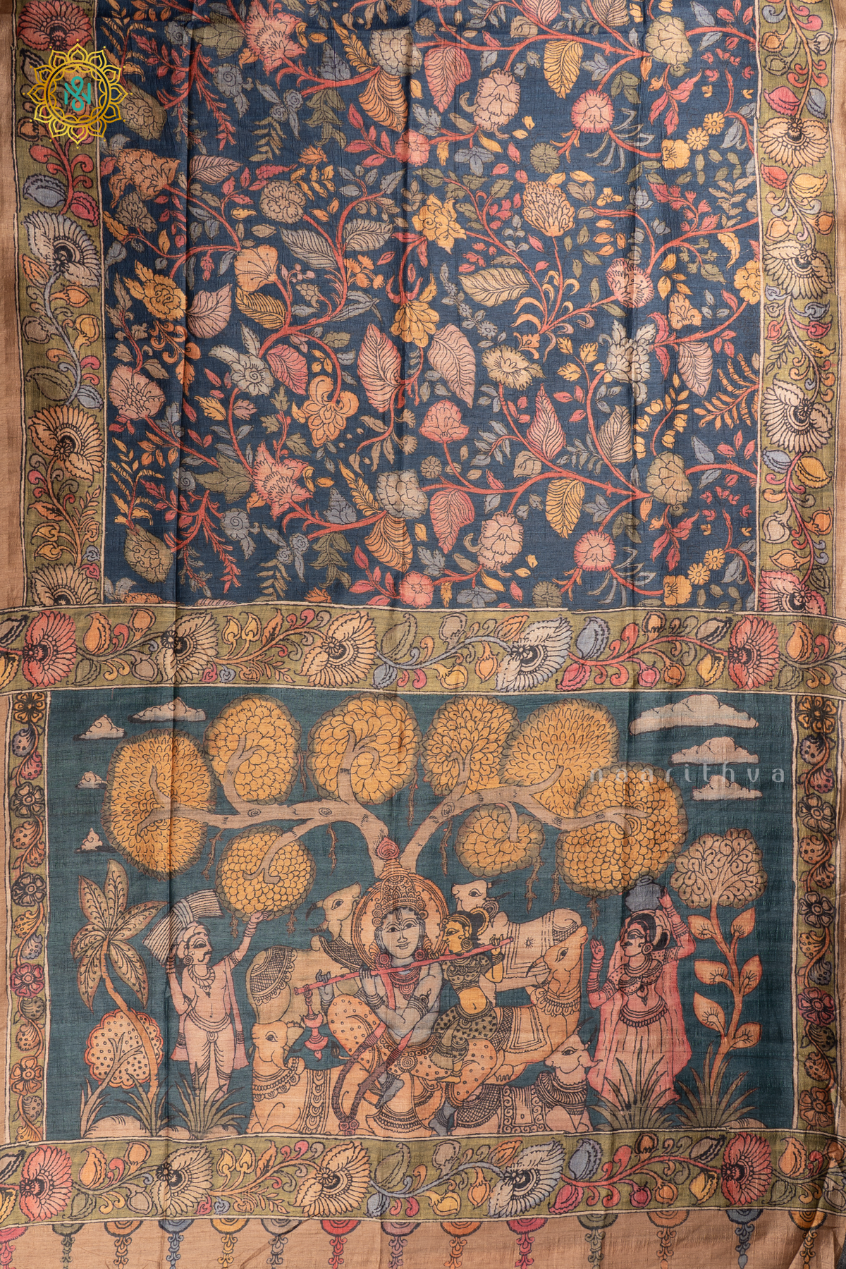 Peacock Blue - Semi Gicha Tussar Saree Allover Kalamkari Printed Body With Pallu And Blouse