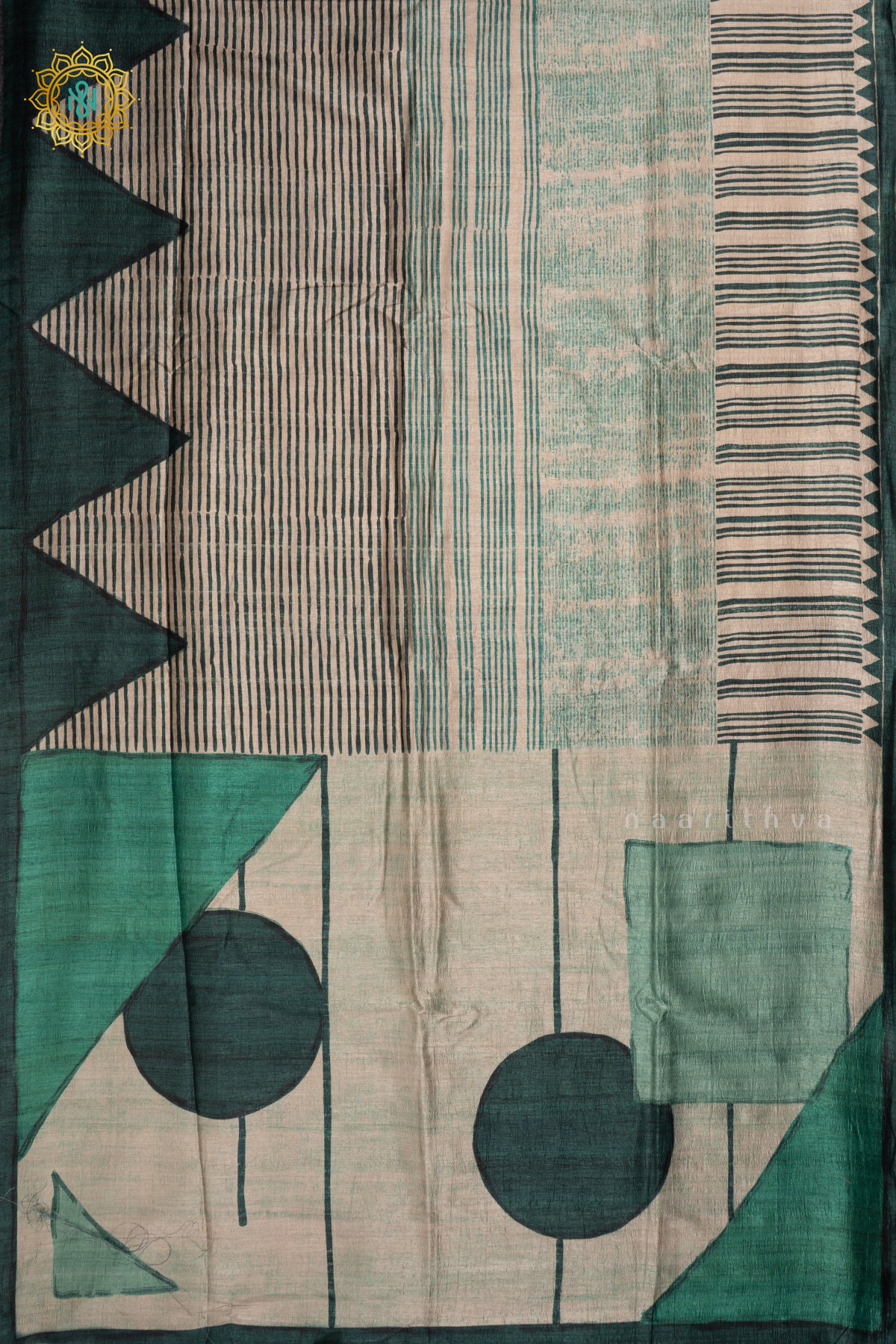 Off White with Green - Semi Gicha Tussar Silk Saree with Allover Printed Body, Pallu and Blouse