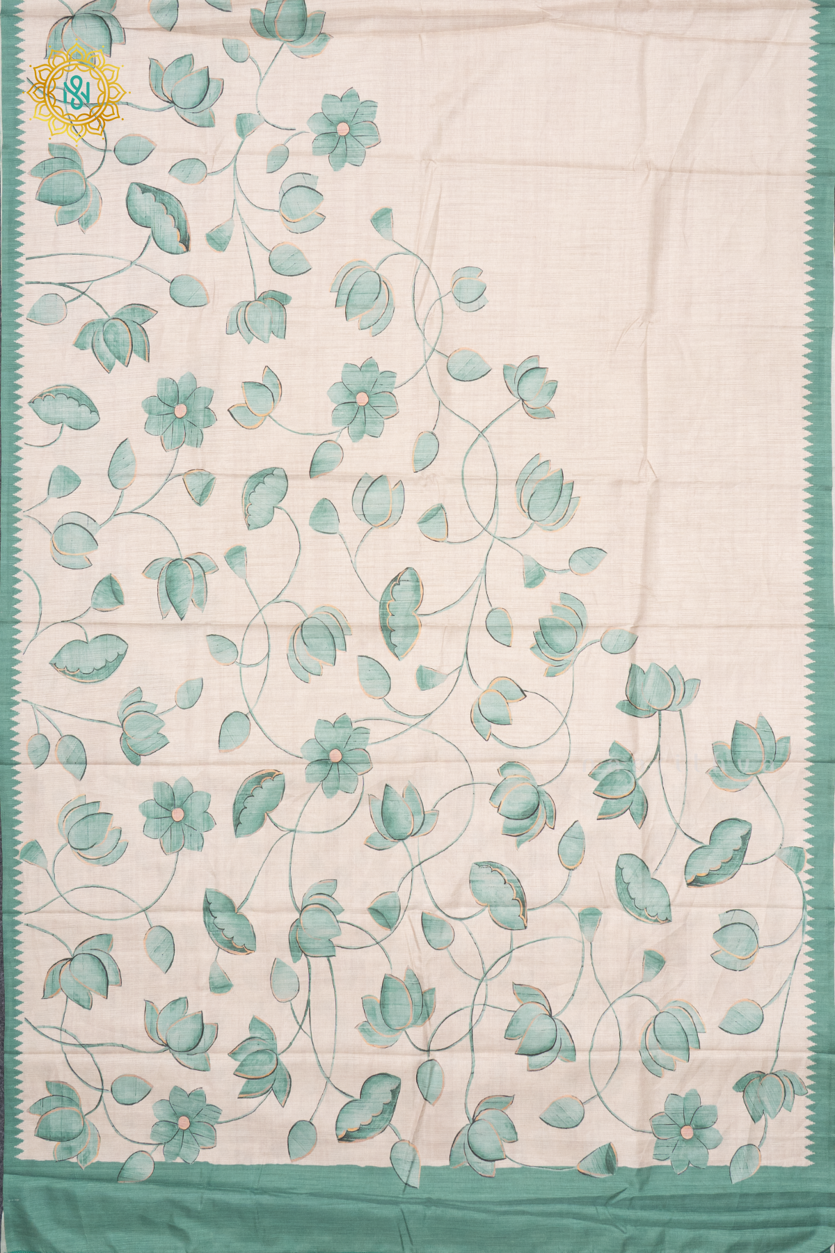OFF WHITE WITH PISTA GREEN - SEMI TUSSAR SILK