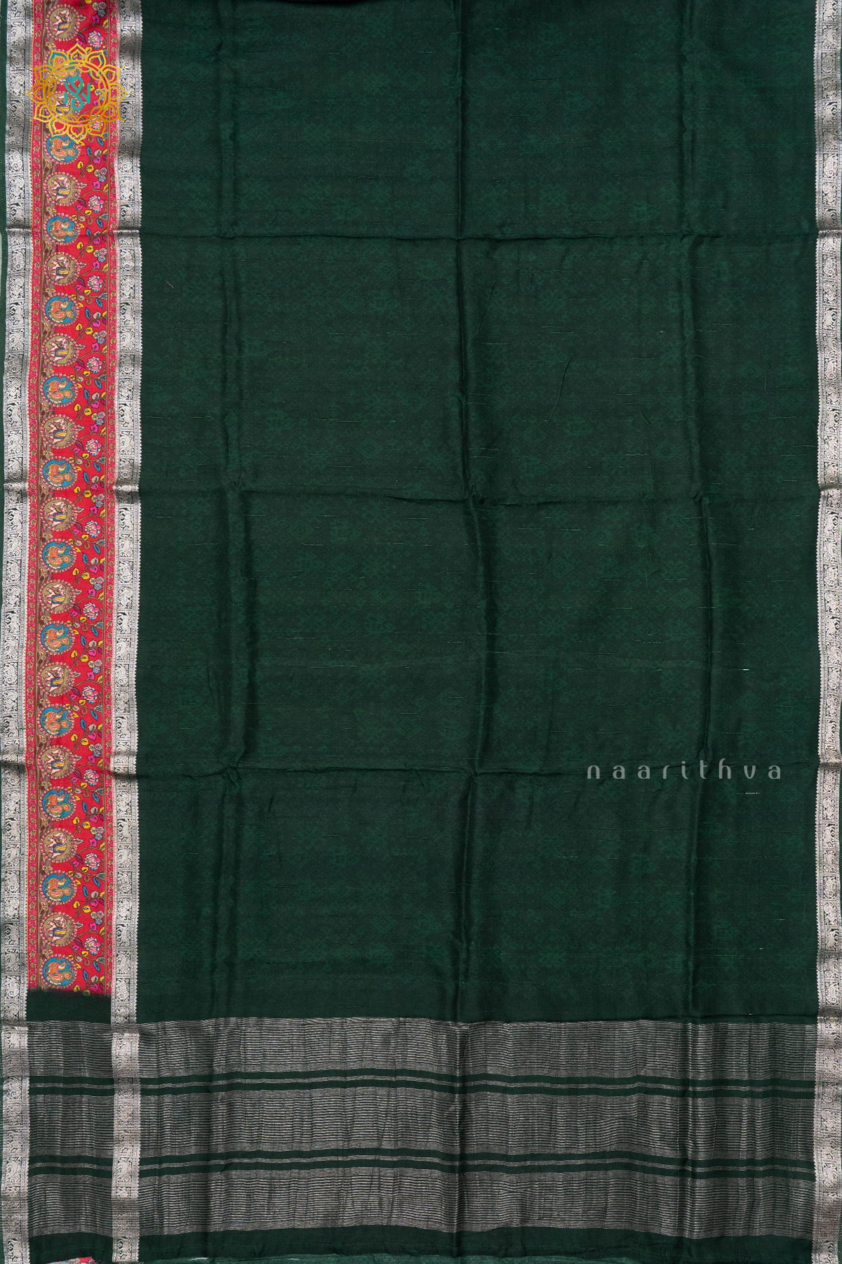 BOTTLE GREEN WITH RED - SEMI CREPE SILK