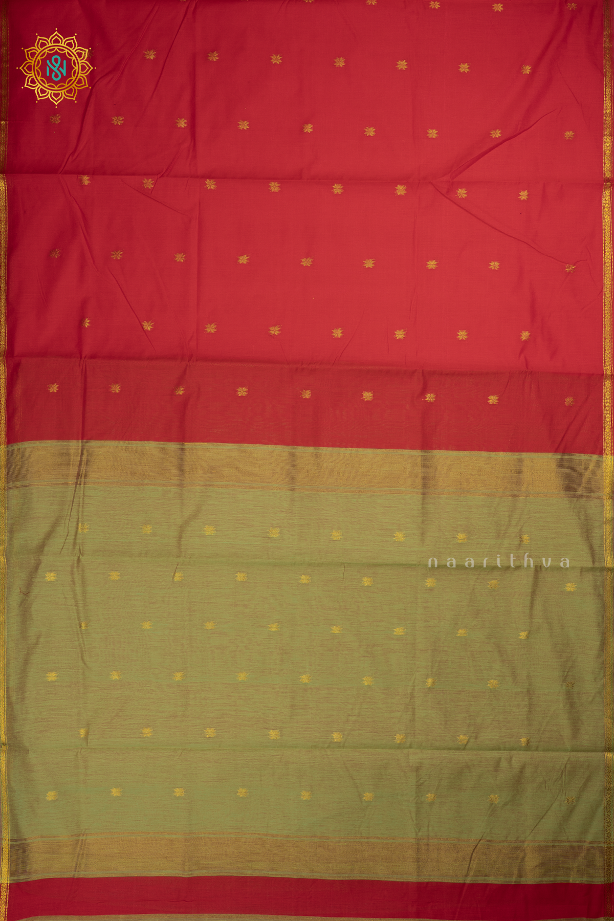 Red With Light Green Silk Cotton Saree With Zari Woven Buttas And Contrast Zari Border