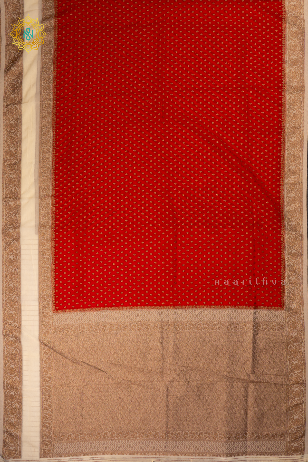 Red With Off White Semi Georgette Saree With Zari Buttas All Over And Contrast Zari Gap Border