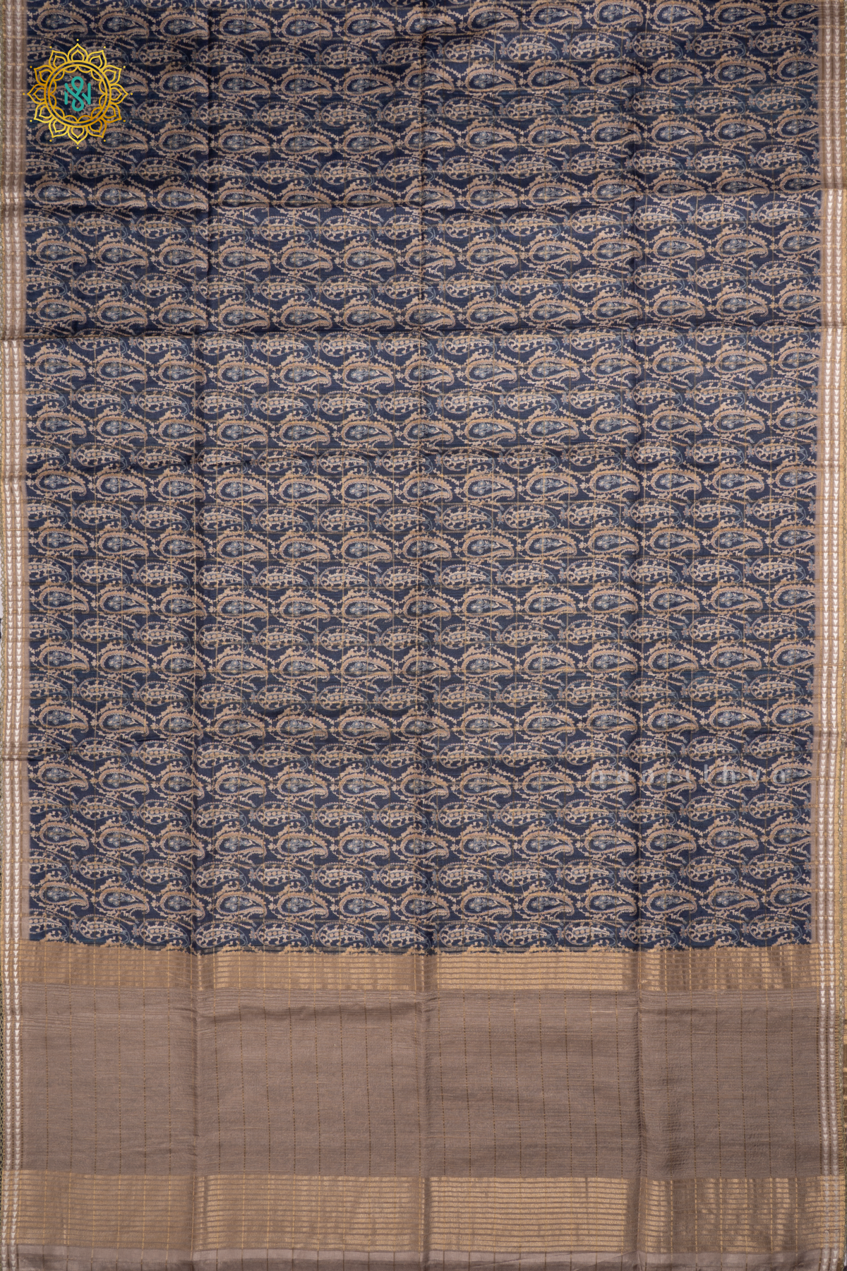 Blue With Beige Semi Tussar Silk Saree Allover Printed And Zari Striped Body With Thread Woven Tissue Border