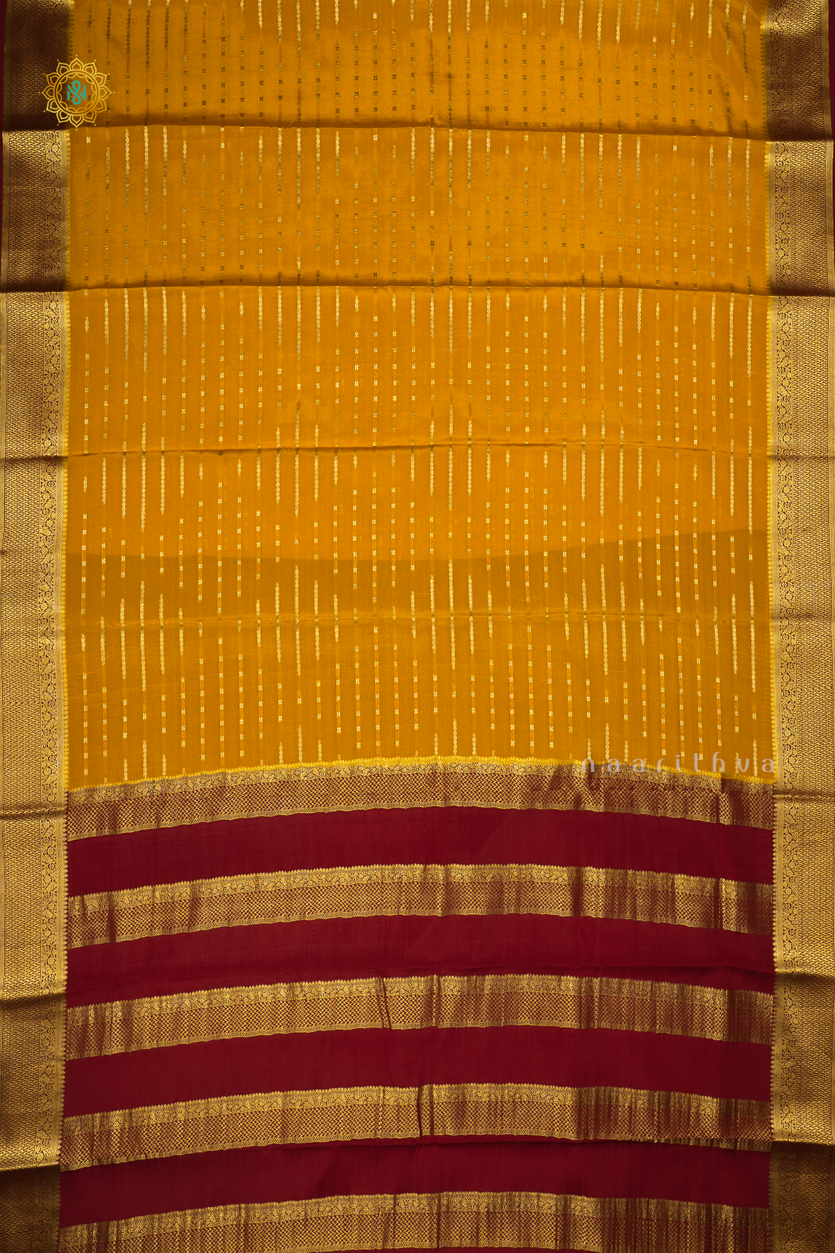 YELLOW WITH MAROON - PURE MYSORE CREPE SILK