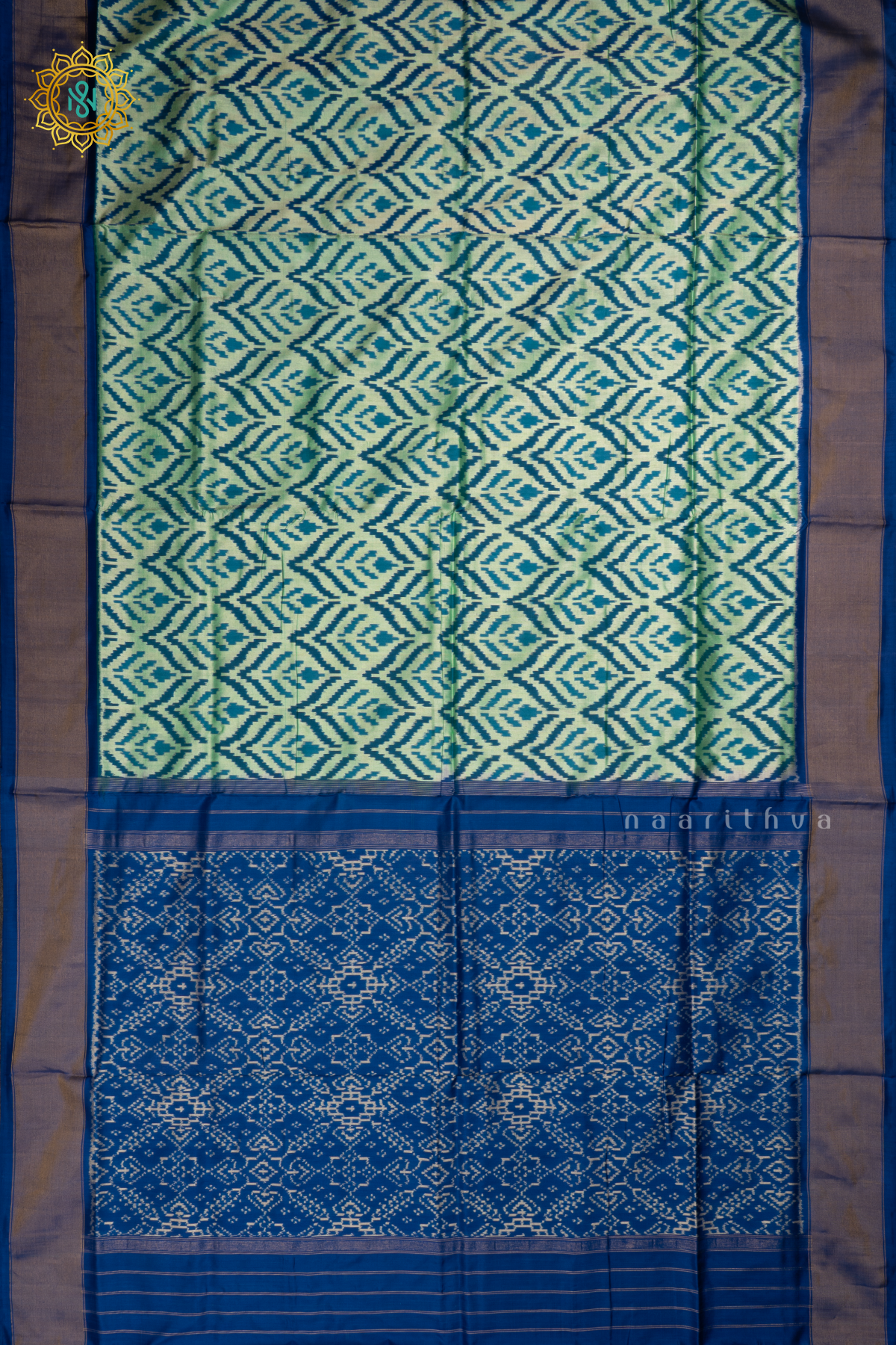 Dual Shade of Green with Royal Blue Ikkat Pure Silk Saree with Patola Printed Body and Zari Border