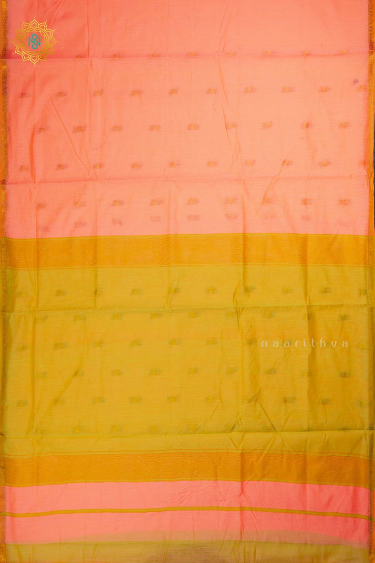 Peach With Light Green Silk Cotton Saree With Zari Woven Buttas And Contrast Zari Border