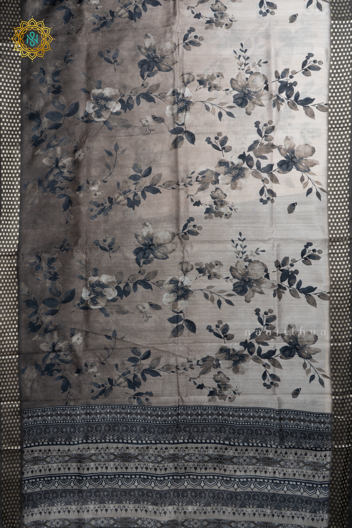 Elephant Grey Semi Cotton Tussar Saree with Printed Body & Contrast Pallu