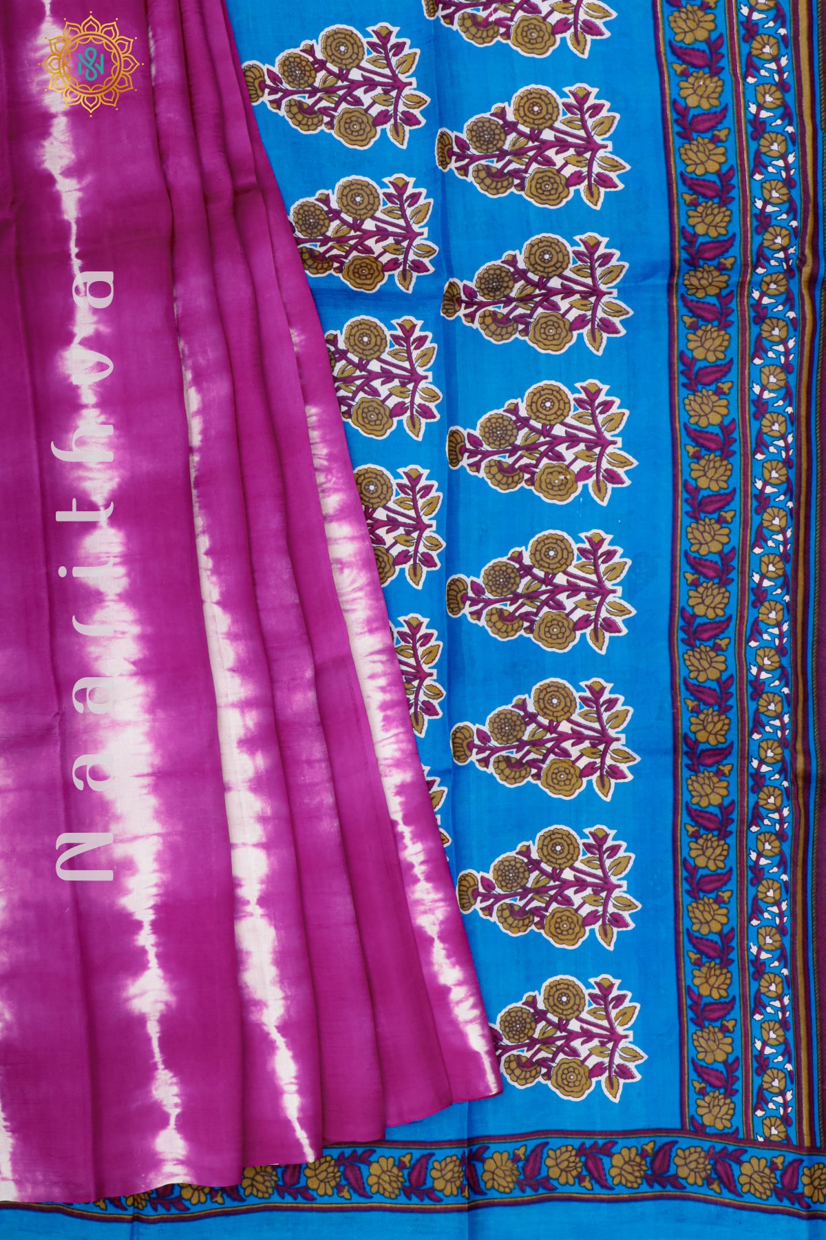 PINK WITH SKY BLUE - PURE MULBERRY SILK WITH DIGITAL PRINT