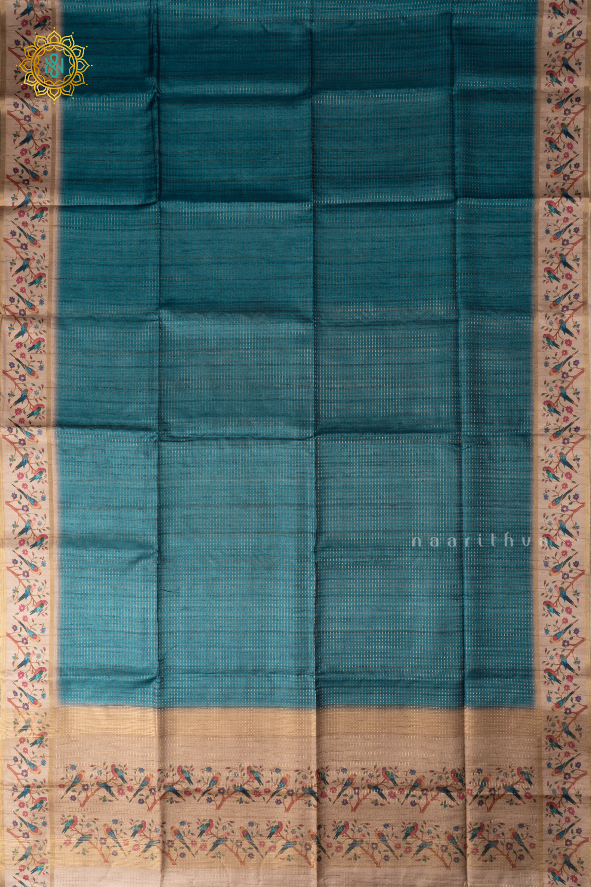 Blue With Beige Semi Tussar Silk Saree With Zari Stripes & Buttas On The Body, Printed Border And Contrast Blouse