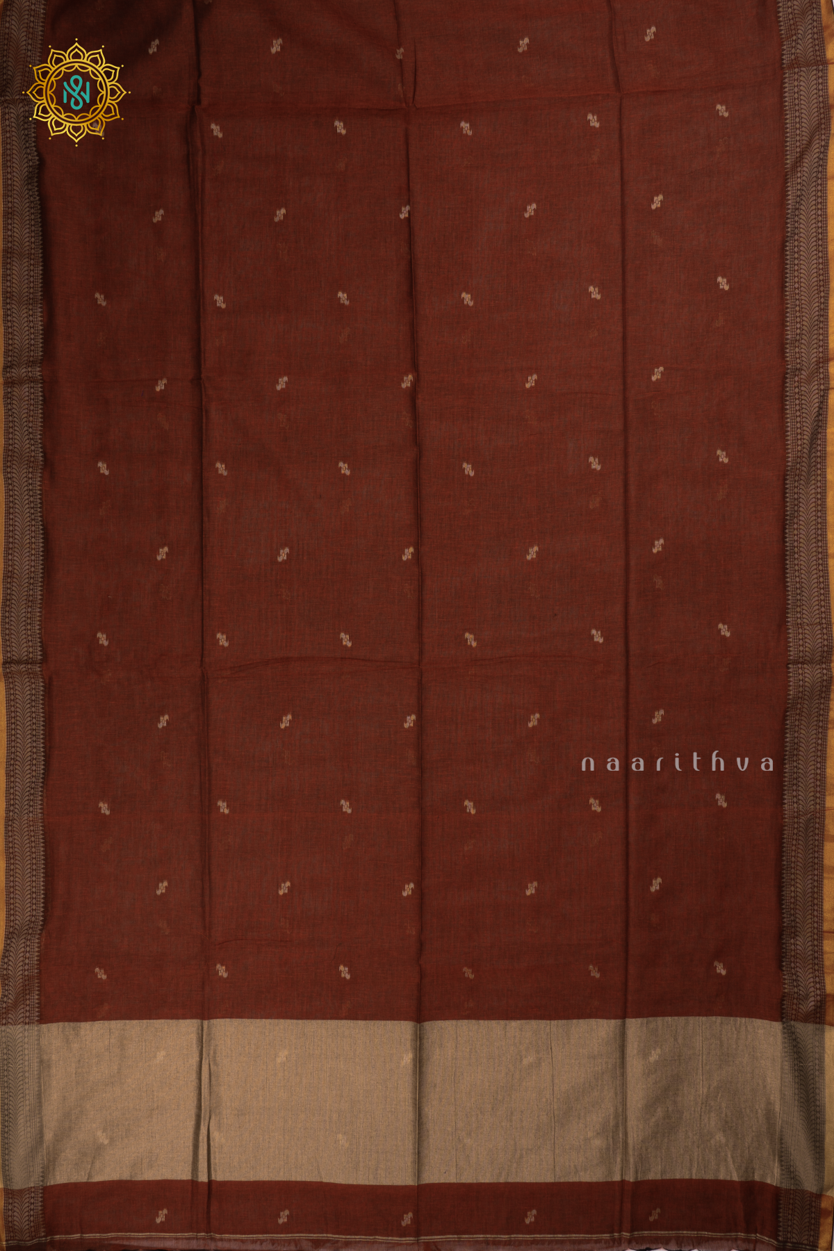 Brown Mul Cotton Saree Thread Woven Buttas On The Body With Thread and Zari Woven Border