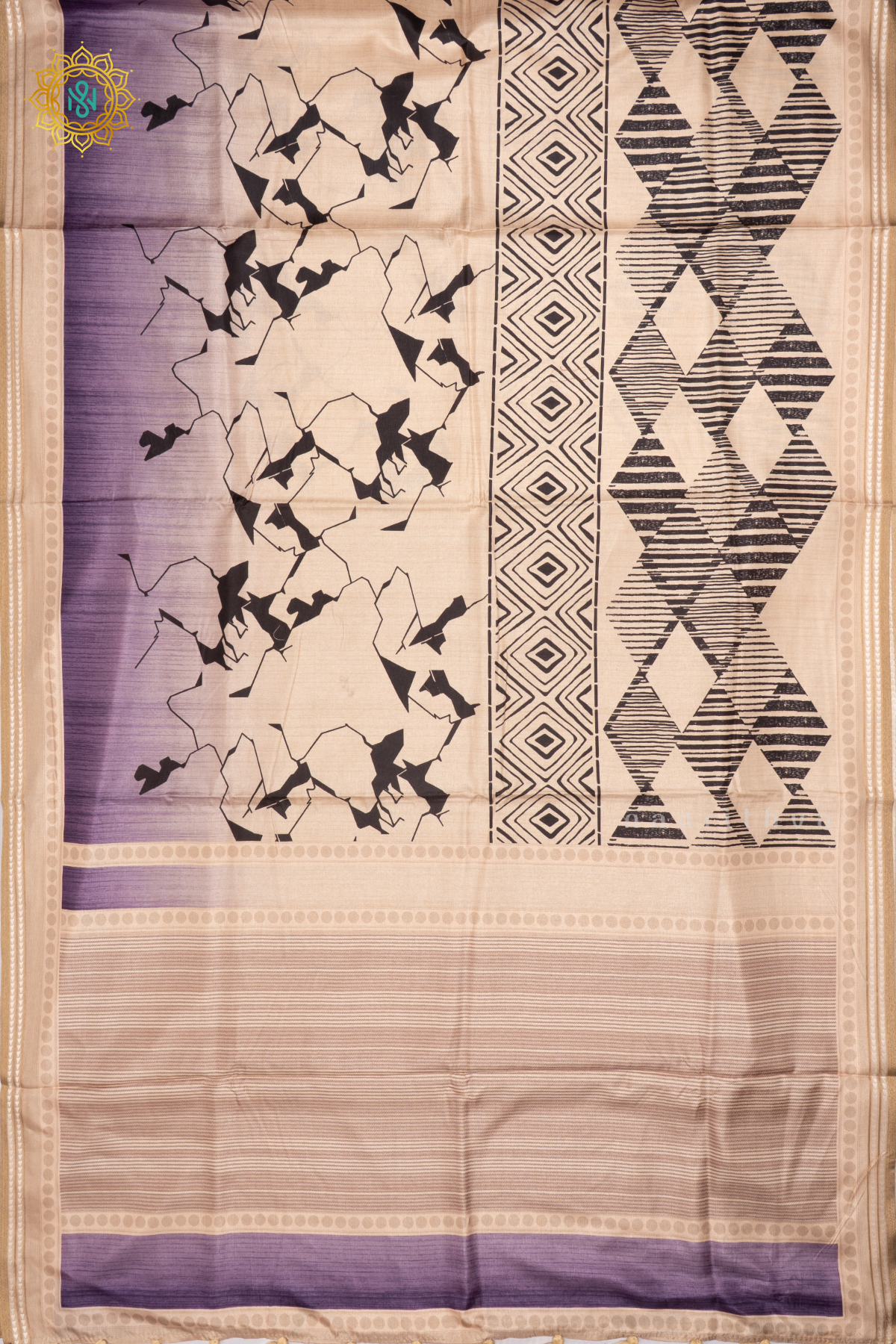 BEIGE WITH LIGHT PURPLE - SEMI CREPE SILK SAREE DIGITAL PRINTS AND ZARI WOVEN BORDER