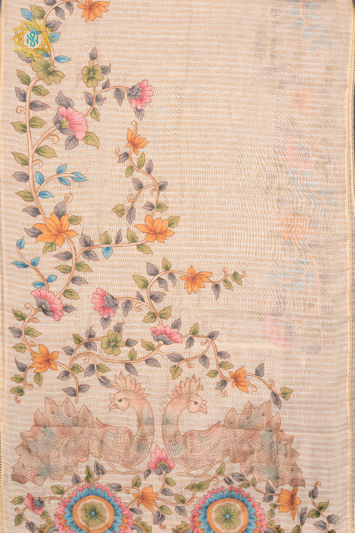 OFF WHITE WITH PEACH - LINEN TISSUE WITH APPLIQUE WORK