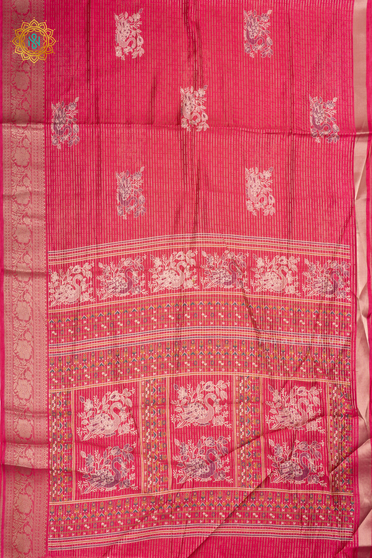 Pink Dola Silk Saree With Allover Printed Buttas And Zari Stripes With Zari Border