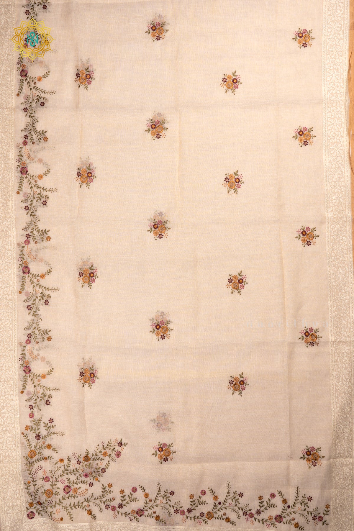 Off white Linen Tissue Saree with All-Over Embroidered Buttas on the Body, Featuring an Embroidery Border and Pallu