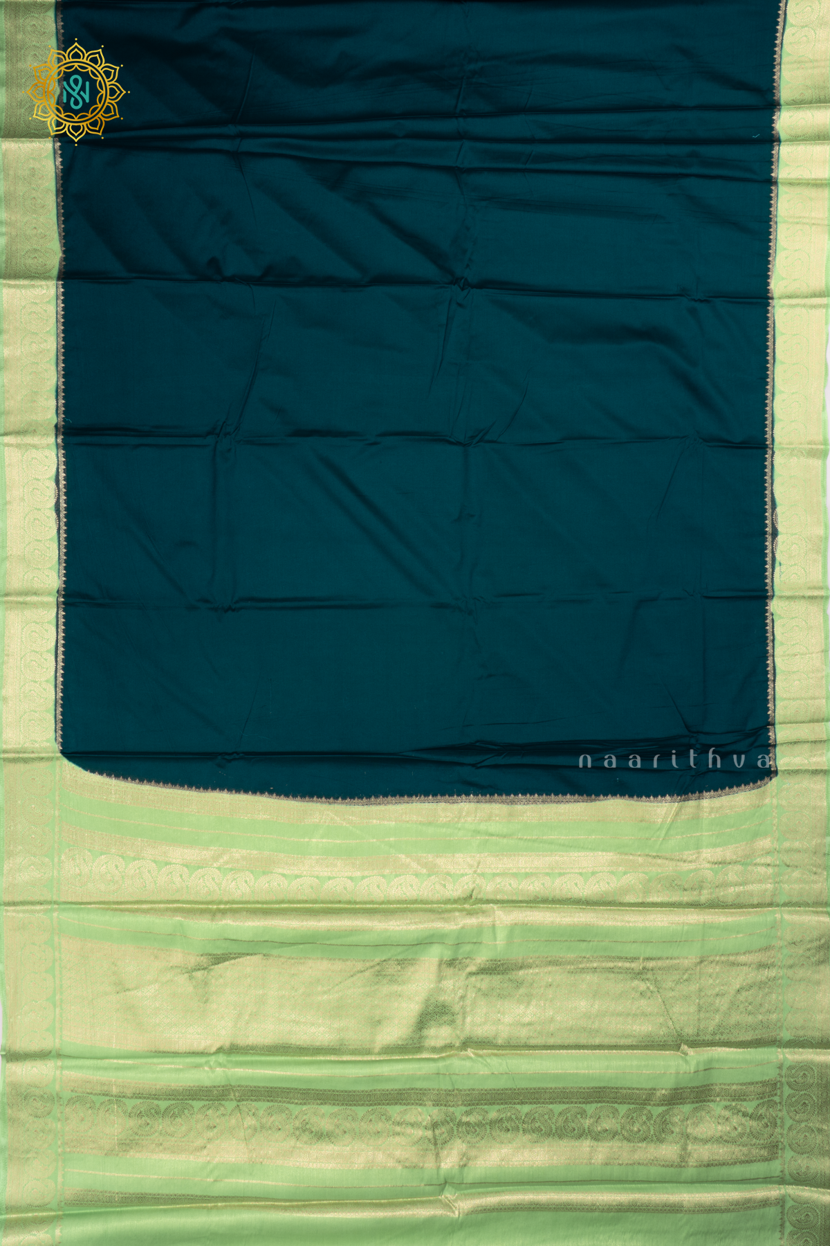 Peacock Blue With Light Green Semi Mysore Crepe Saree With Plain Body And Contrast Mango Zari Border