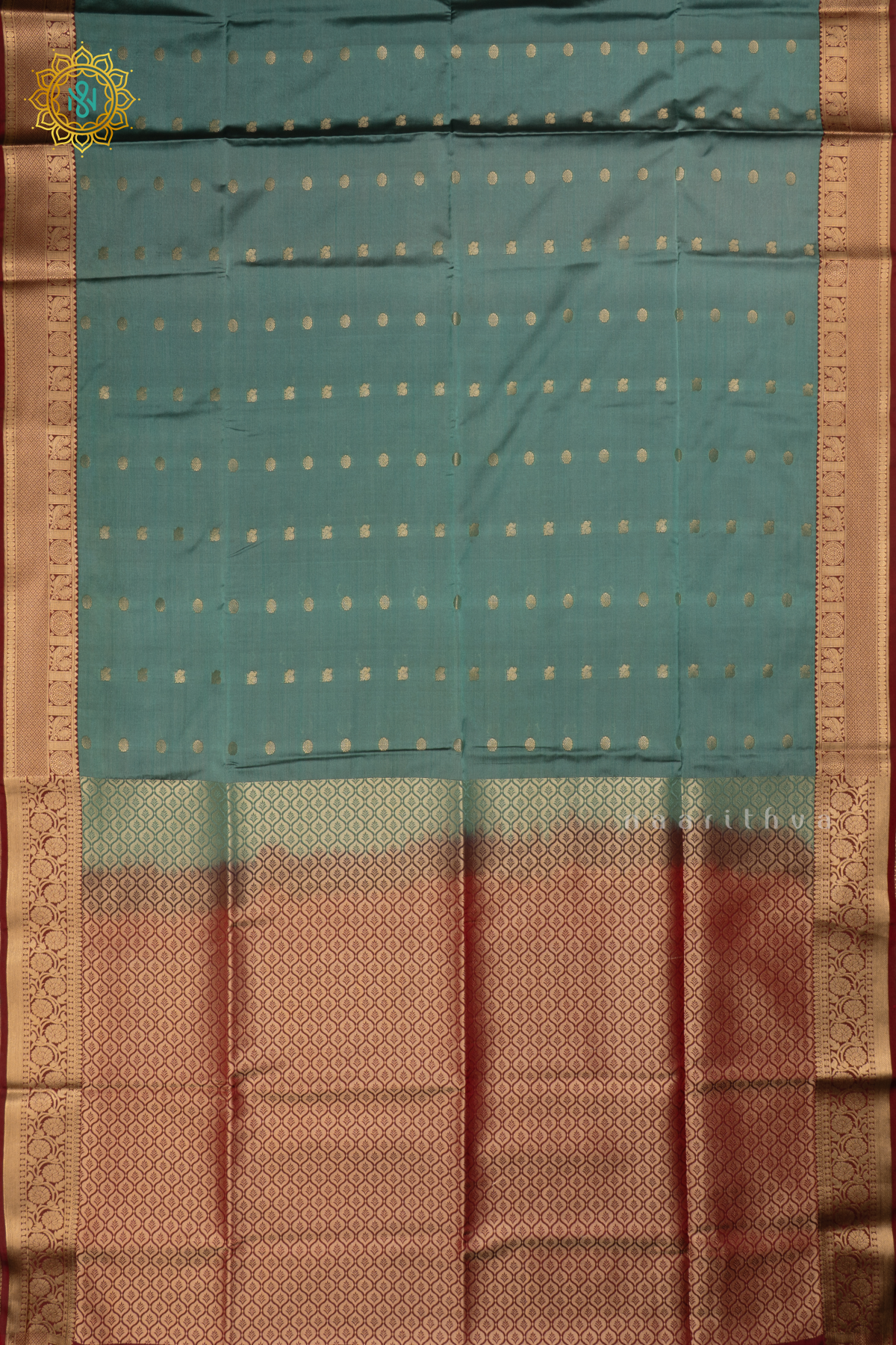 Aqua Blue With Maroon Semi Soft Silk Saree Allover Zari Buttas And Contrast Zari Border