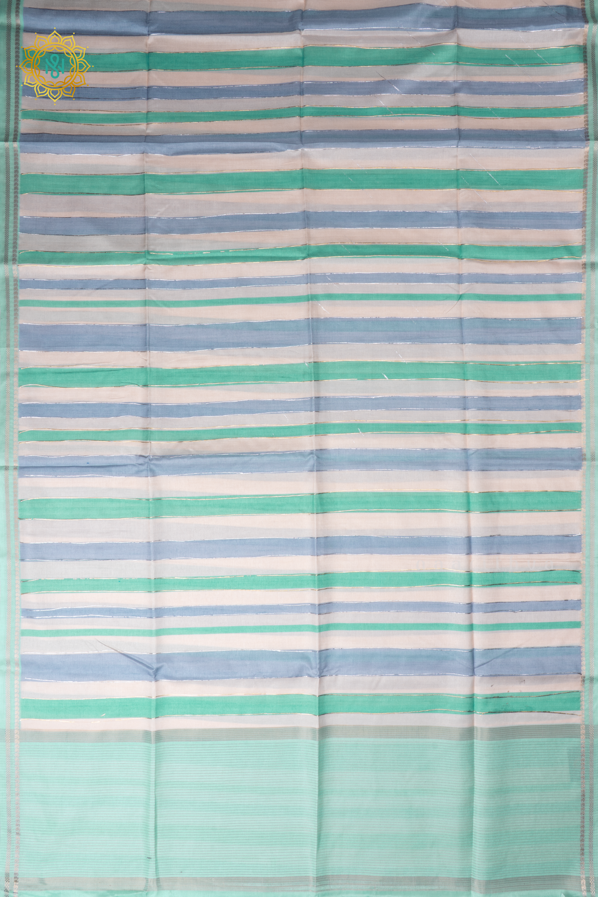 Aqua Green With Blue Semi Tussar Silk Saree With Vertical Stripes & Contrast Pallu