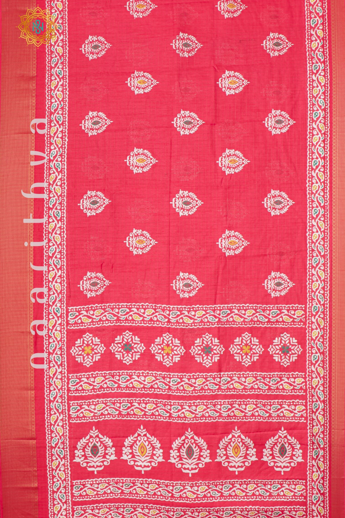 Pinkish Red Dola Silk Saree With Printed Body And Tissue Border
