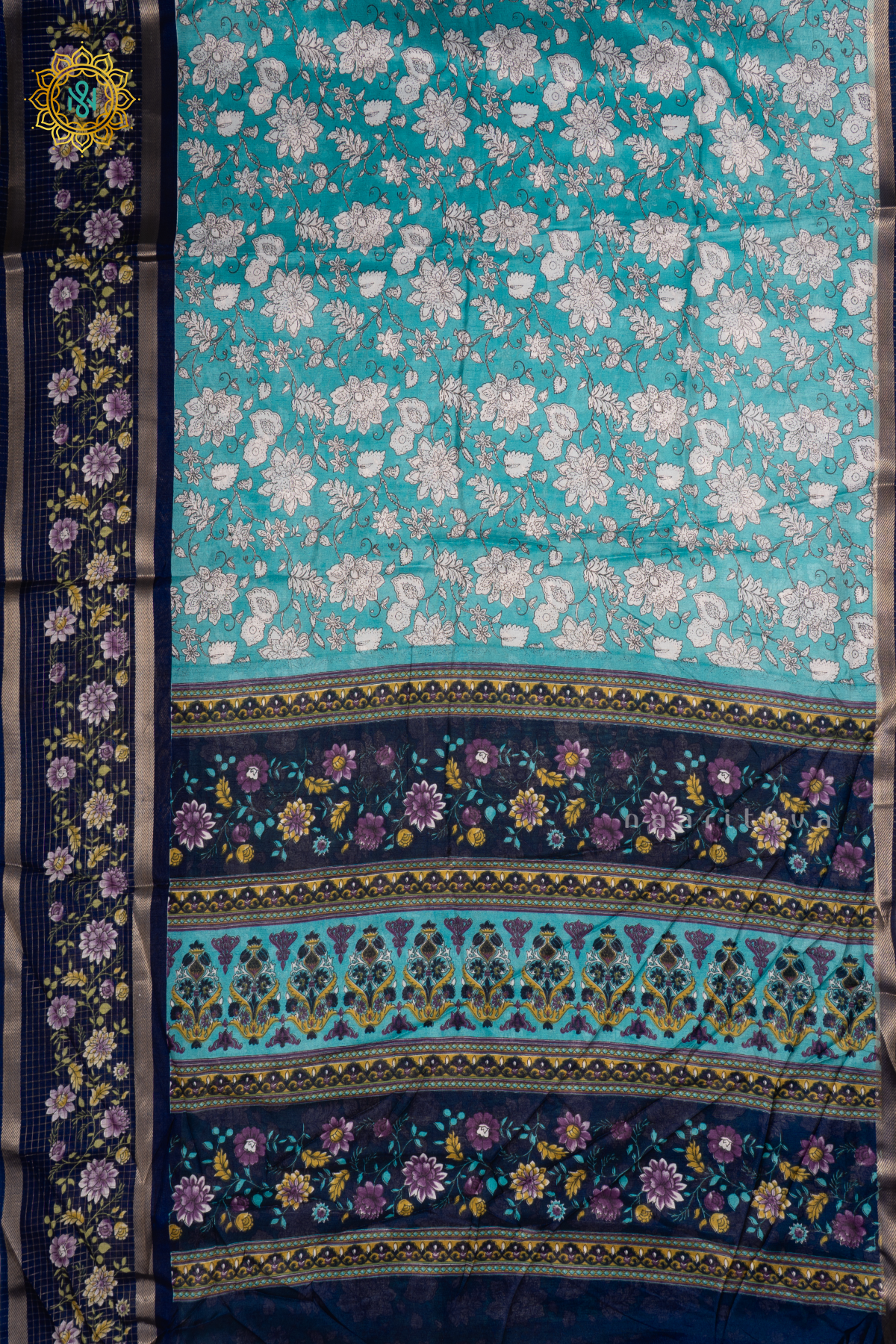 Sky Blue With Navy Blue Dola Silk Saree With Printed Body And Contrast Zari Checks Border