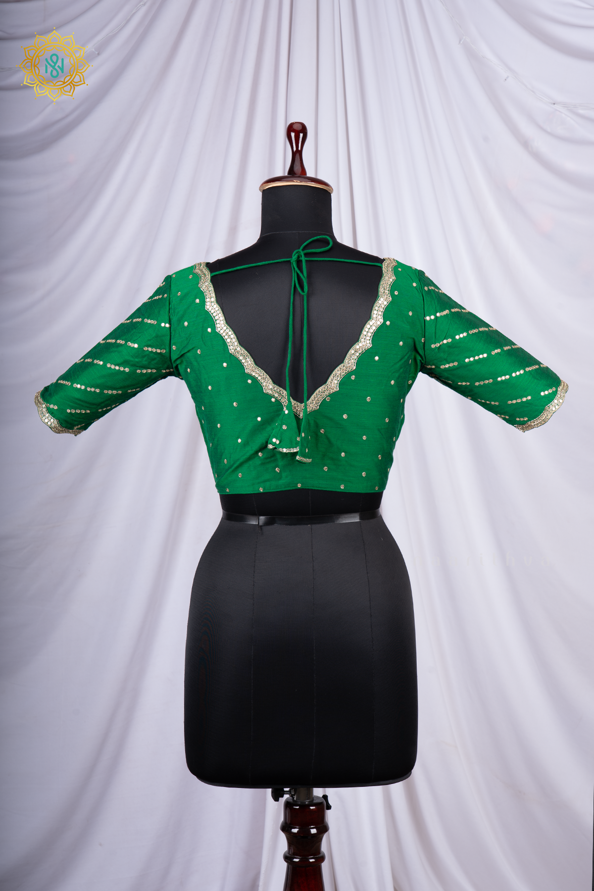 Green Cotton Silk Readymade Blouse with a Scalloped Neckline and Sequin Work