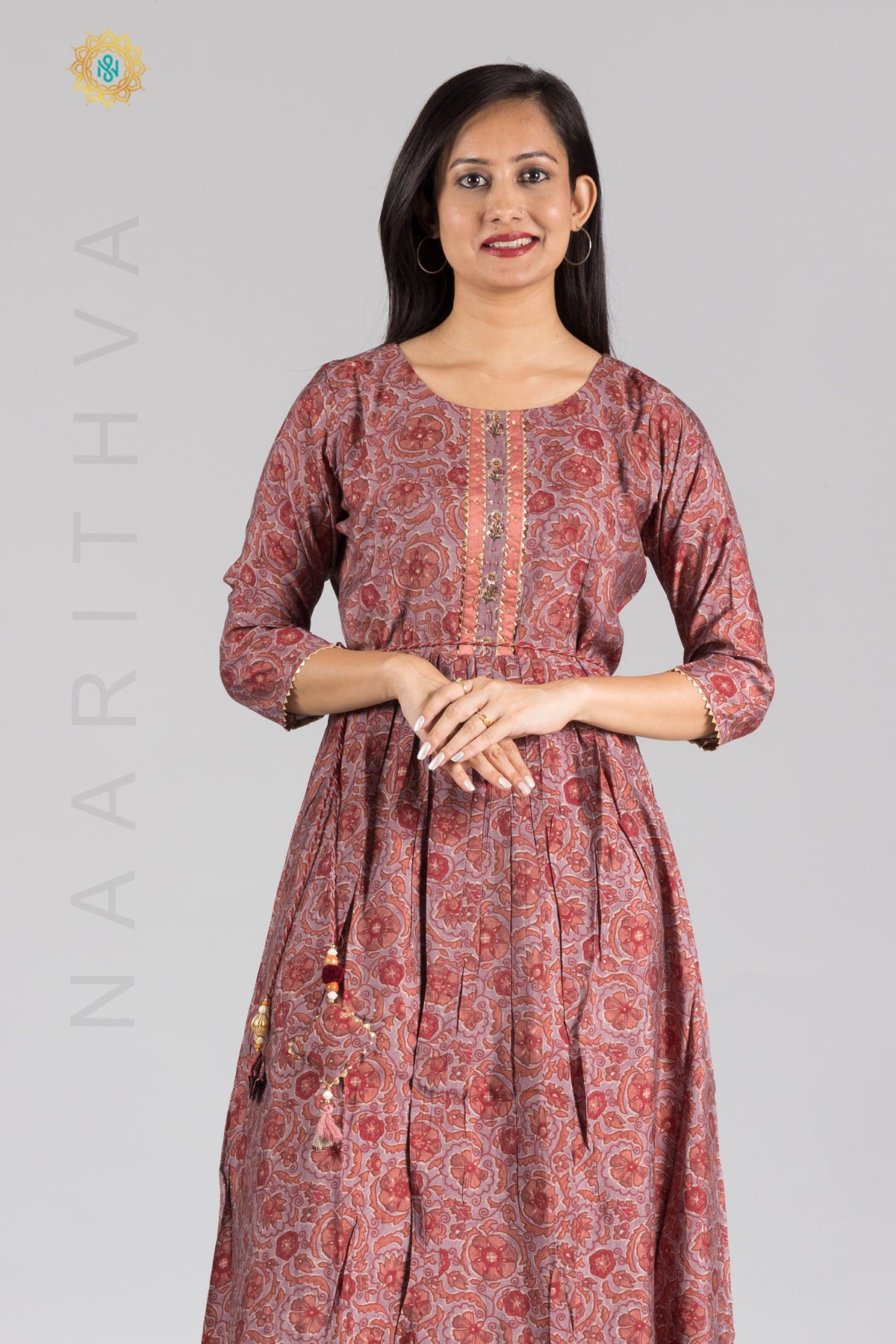 PEACH - PRINTED FLOOR LENGHT KURTHI WITH BEAUTIFUL HANDWORK ON NECKLINE