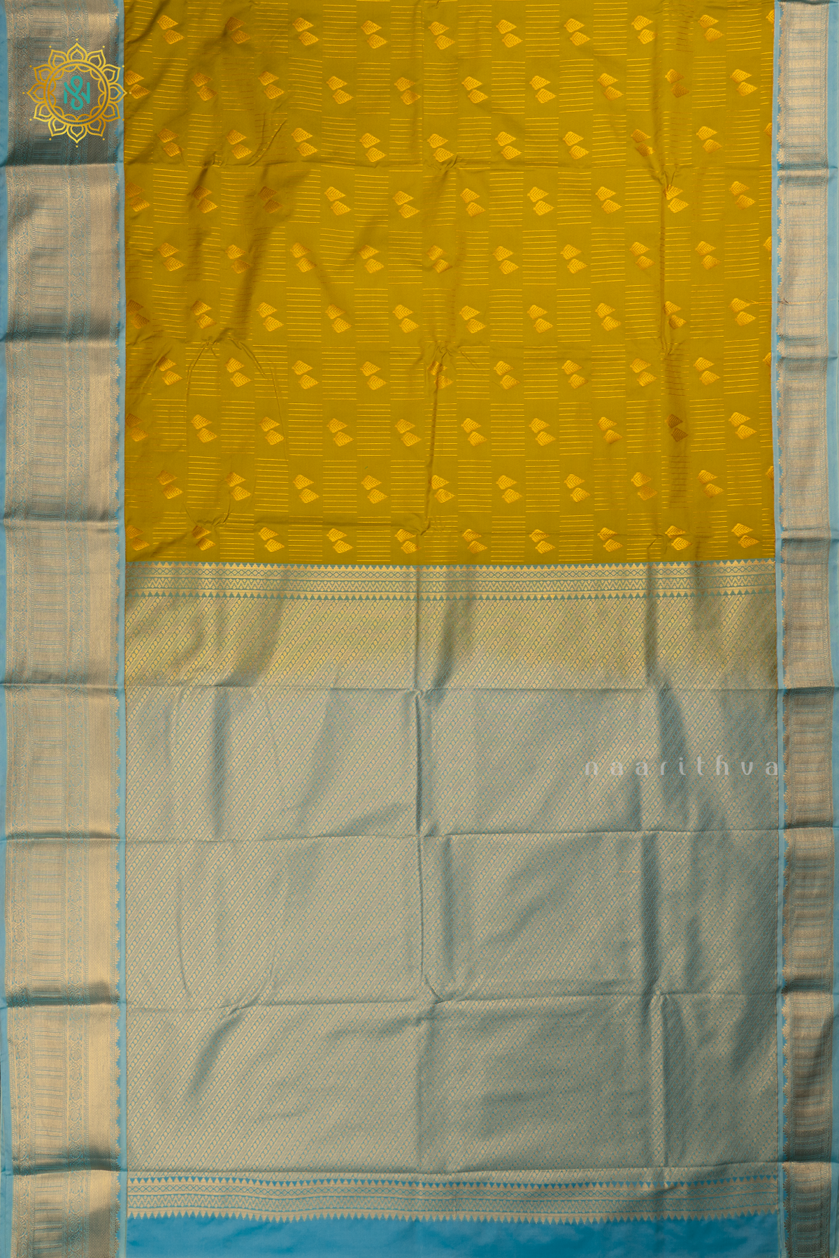 Olive Yellow with Blue Semi Kanchi Saree With Zari Buttas All Over And Contrast Zari Border