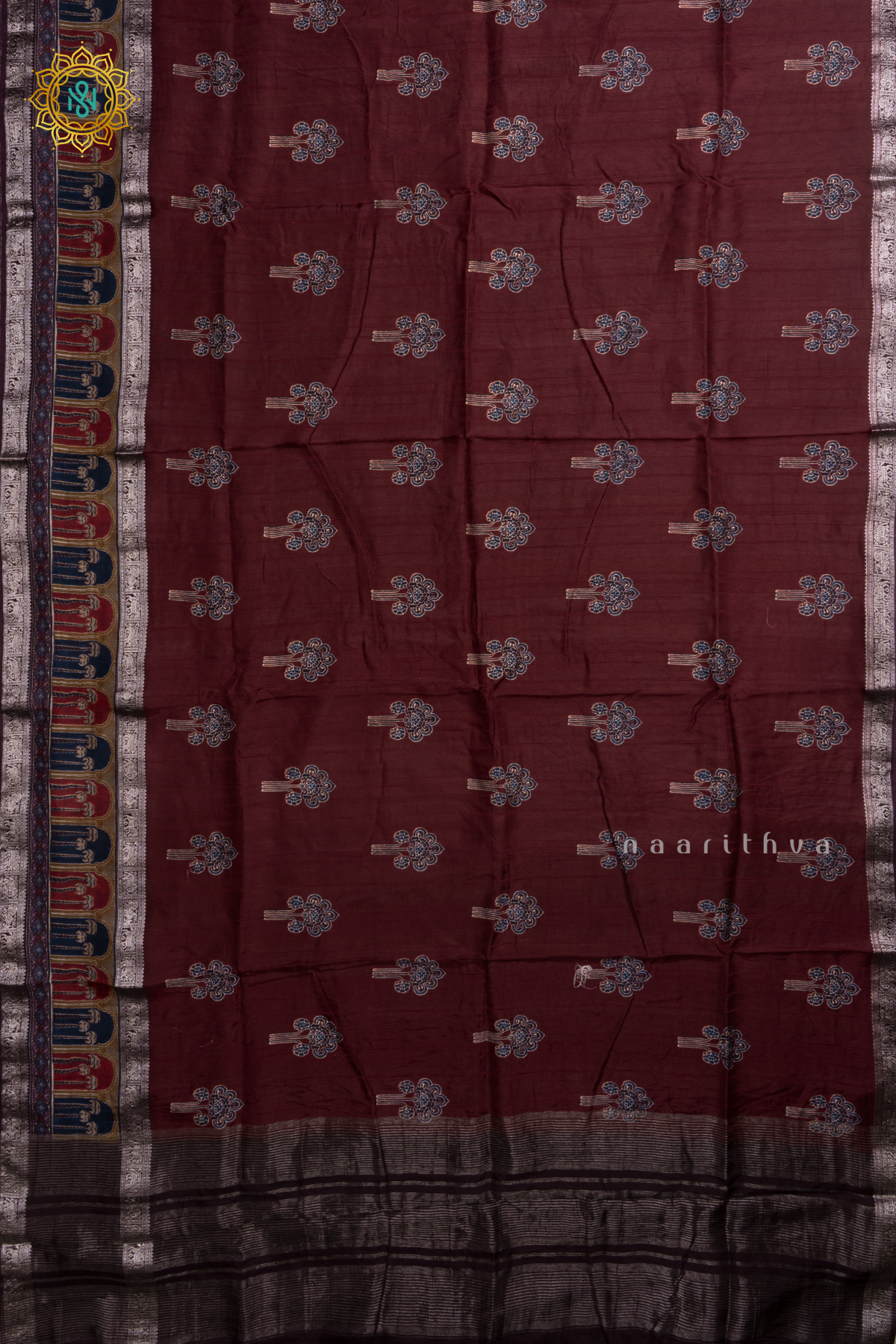 Maroon With Brown Printed Semi Crepe Silk With Contrast Border, Pallu