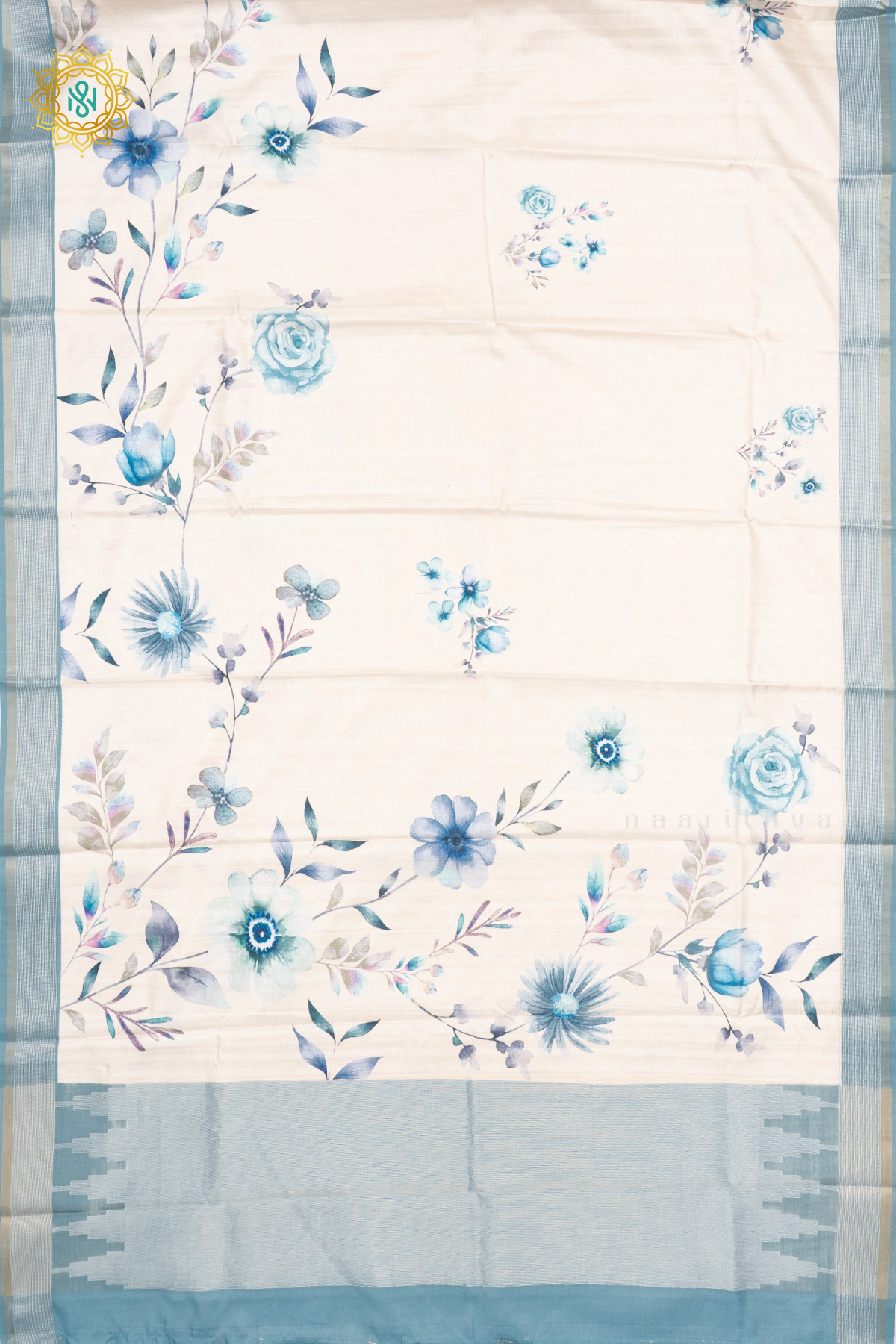 OFF WHITE WITH AQUA BLUE - SEMI TUSSAR