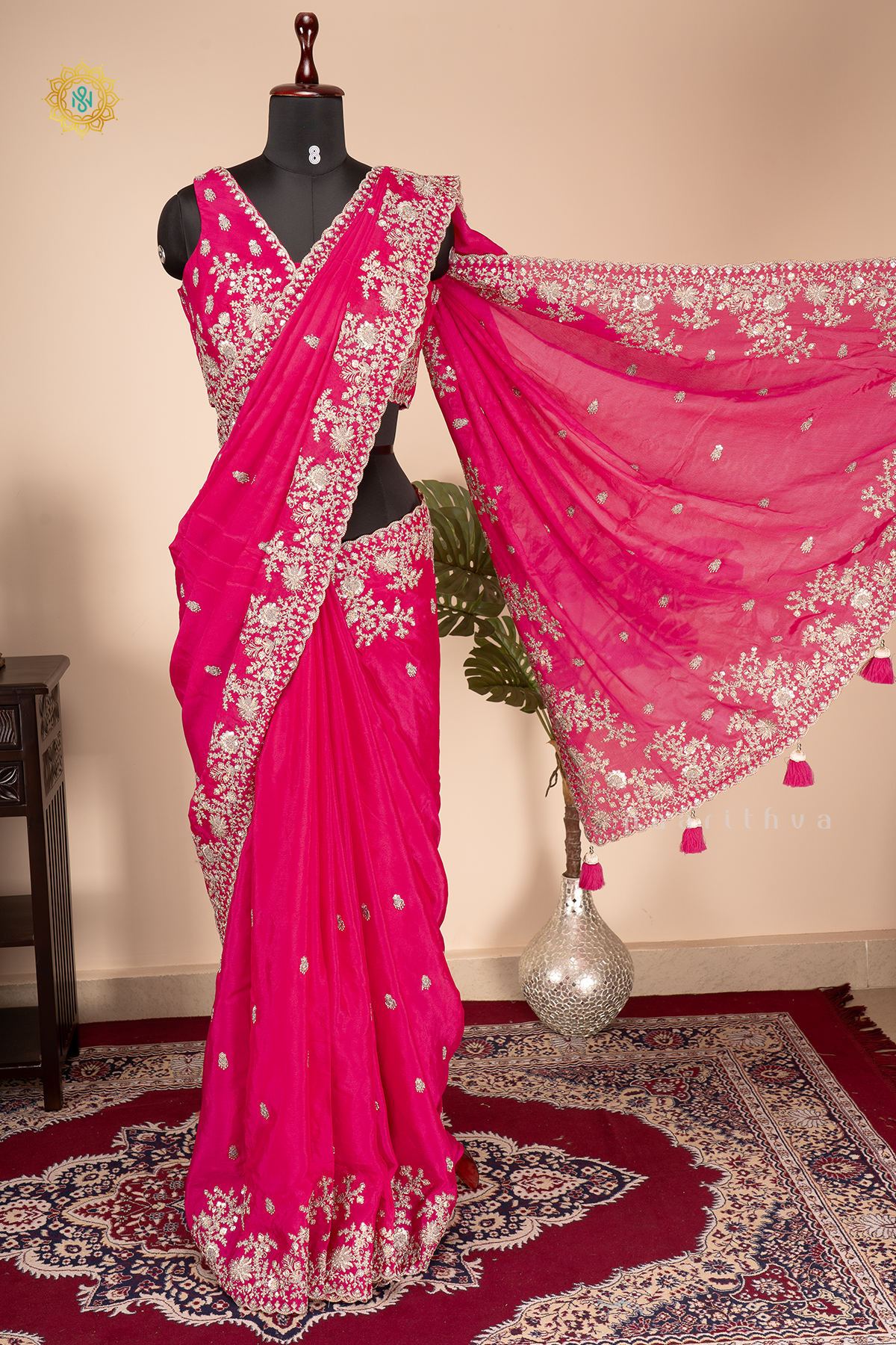 Pink Chinnon Designer Wear Saree with Readymade Blouse