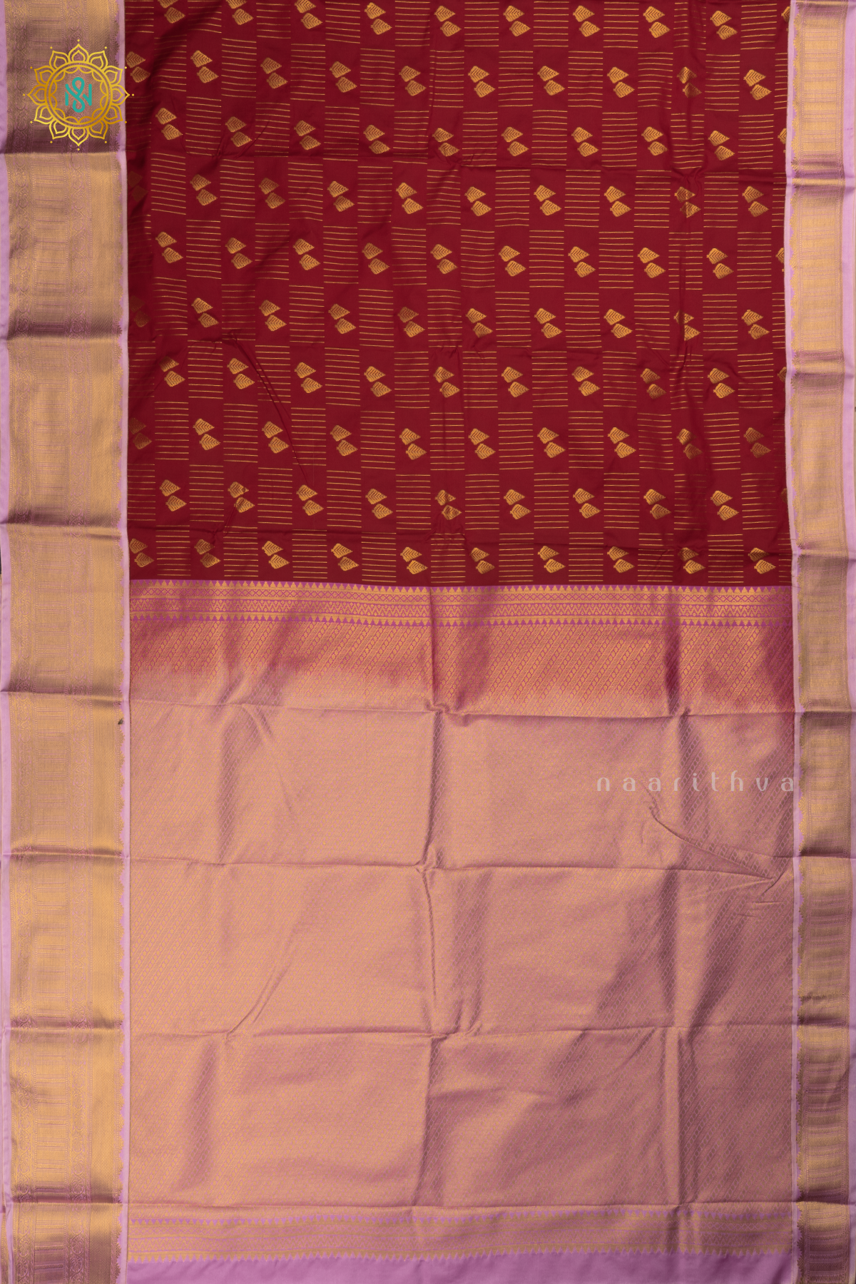 Dark Red with Lavender Semi Kanchi Saree With Zari Buttas All Over And Contrast Zari Border