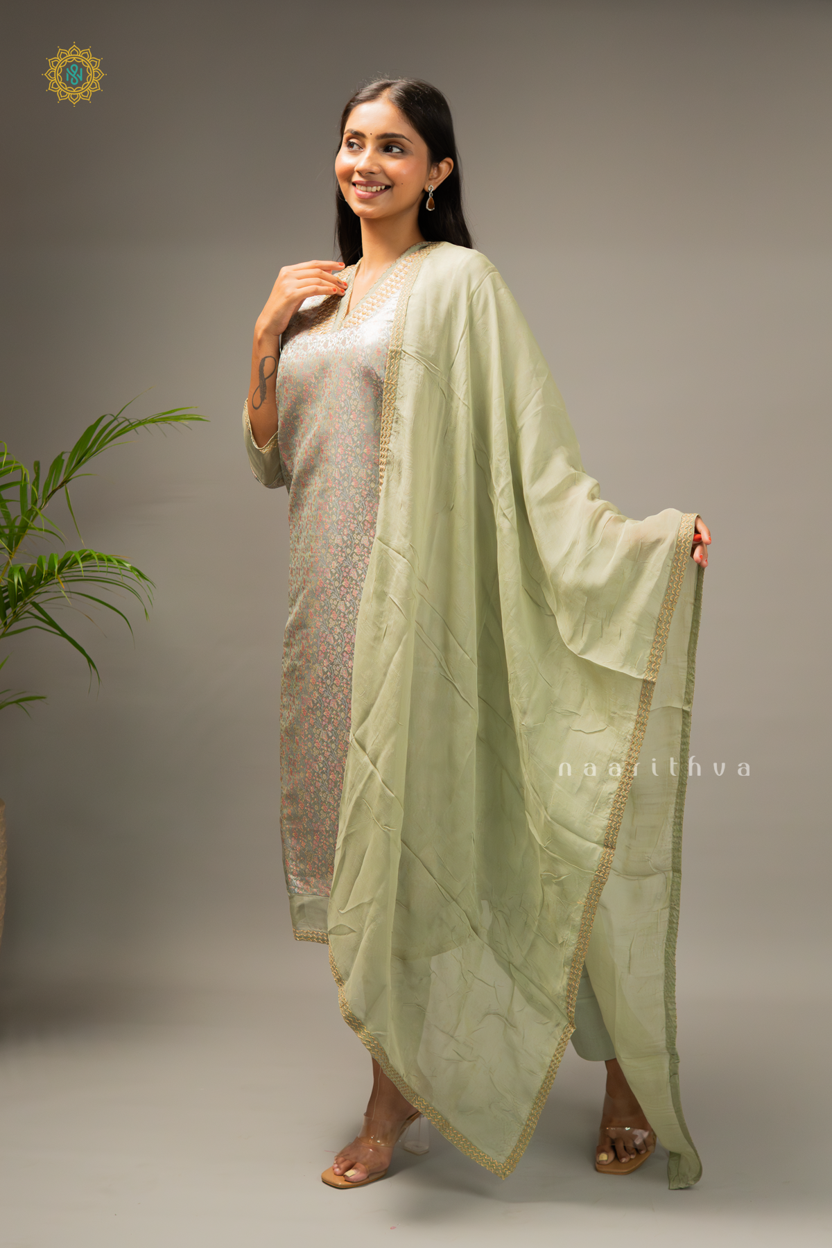 GREY - SATIN 3PC SALWAR SUIT WITH TANCHOI WEAVING TOP, BOTTOM & DUPATTA
