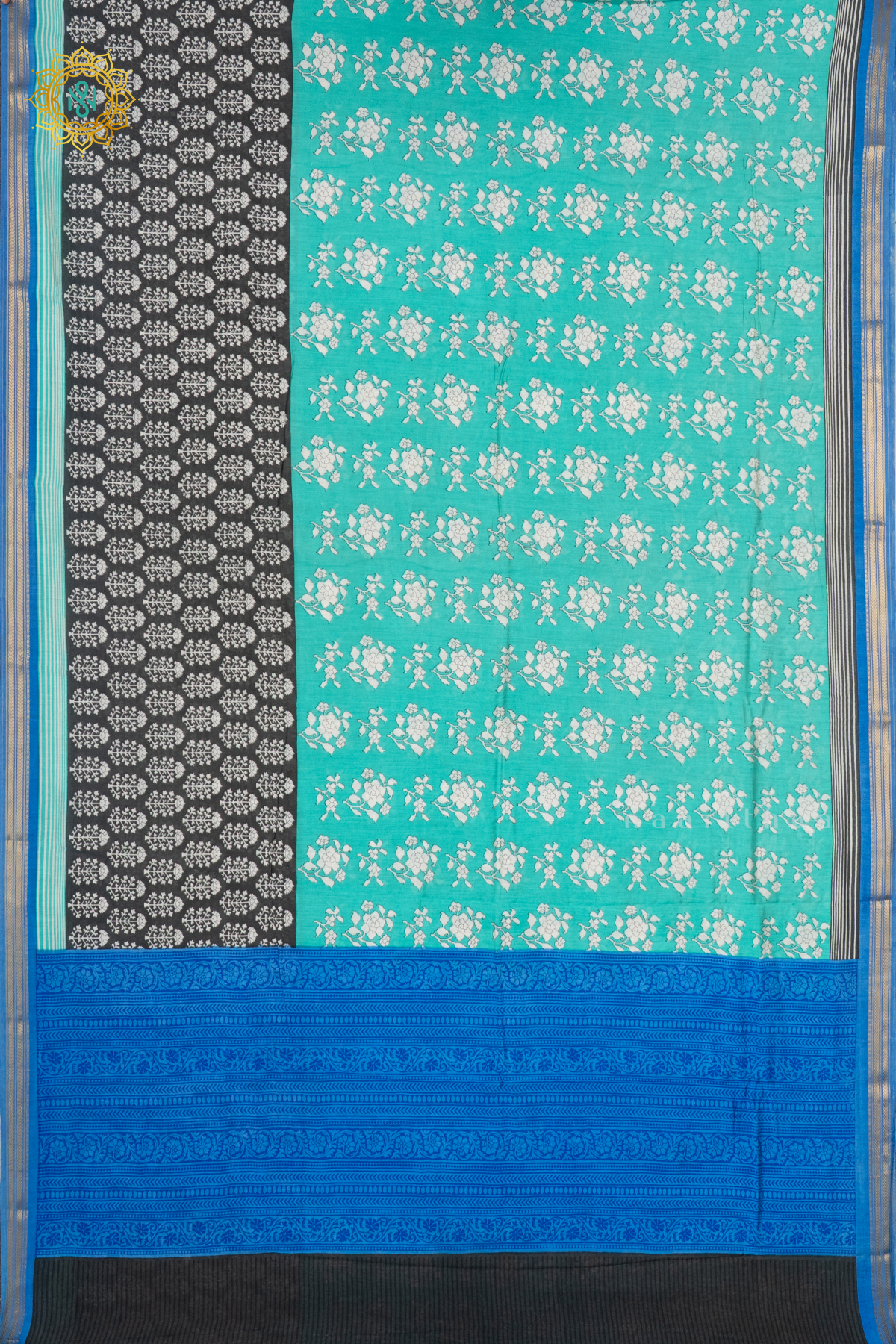 AQUA GREEN WITH ELEPHANT GREY & BLUE - BUTTER CREPE
