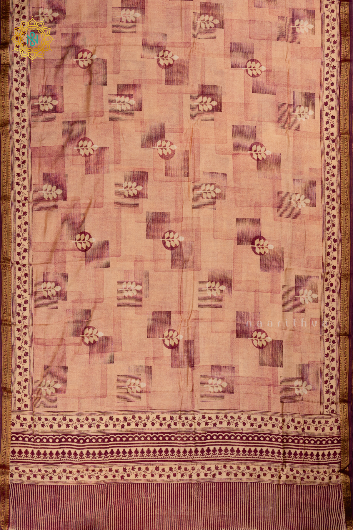 Wine Butter Crepe Saree with All-Over Printed Body and Zari Border