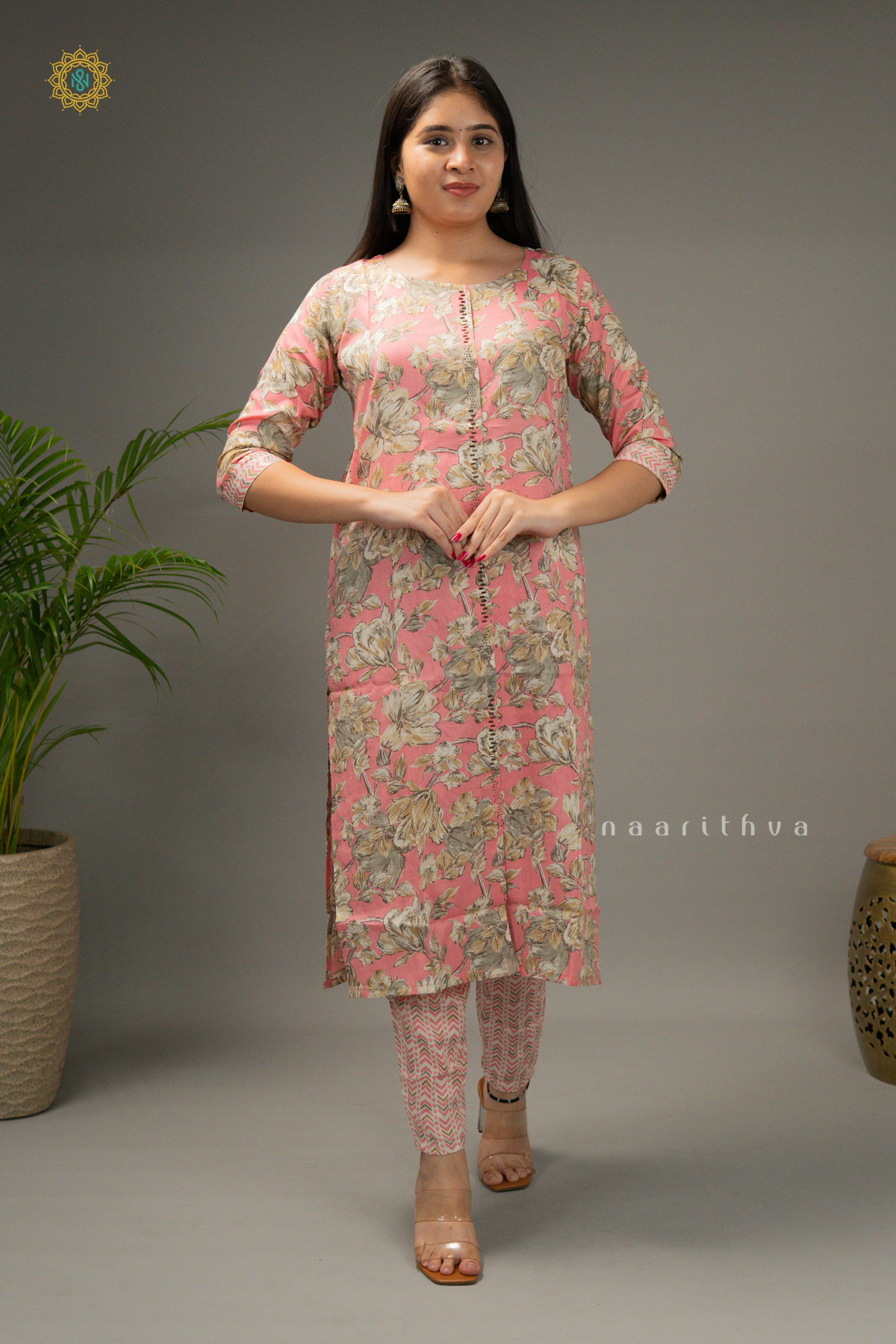 PEACHISH PINK - COTTON 3PC SALWAR SUIT WITH PRINTED TOP, BOTTOM & DUPATTA