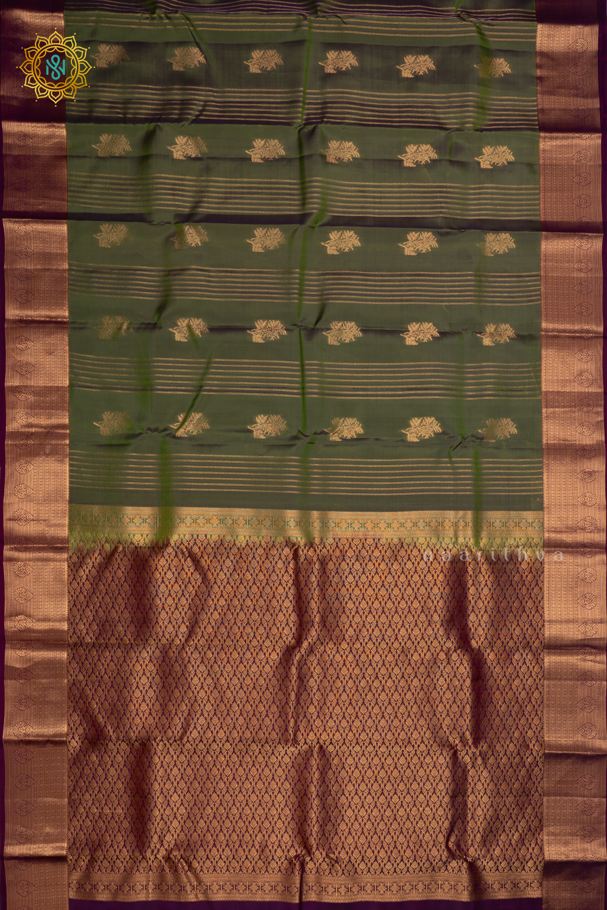 Dual Shade of Light Green with Wine Pure Mix Kanjivaram Silk Saree with Zari Woven Stripes, Buttas and Zari Woven Contrast Border