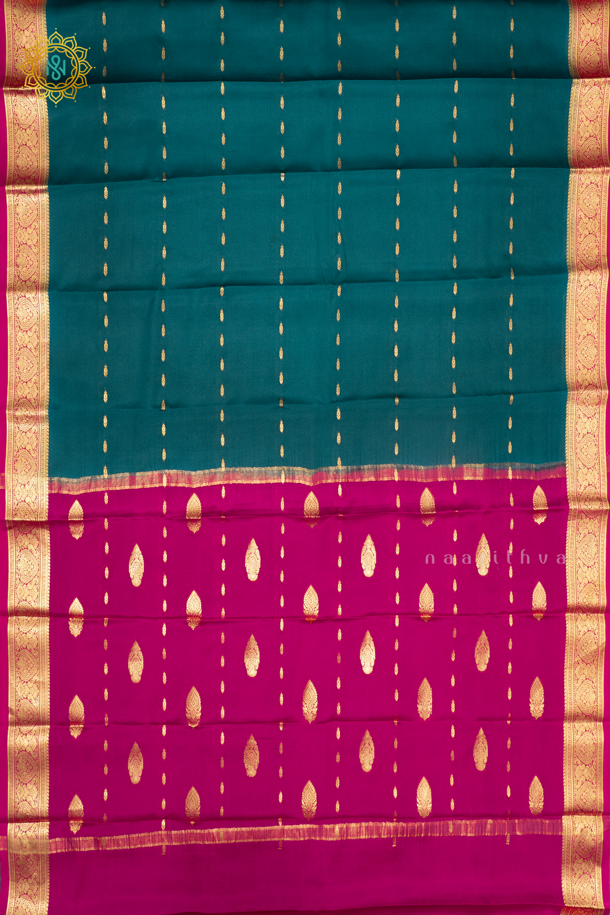PEACOCK GREEN WITH PINK - PURE MYSORE CREPE SILK
