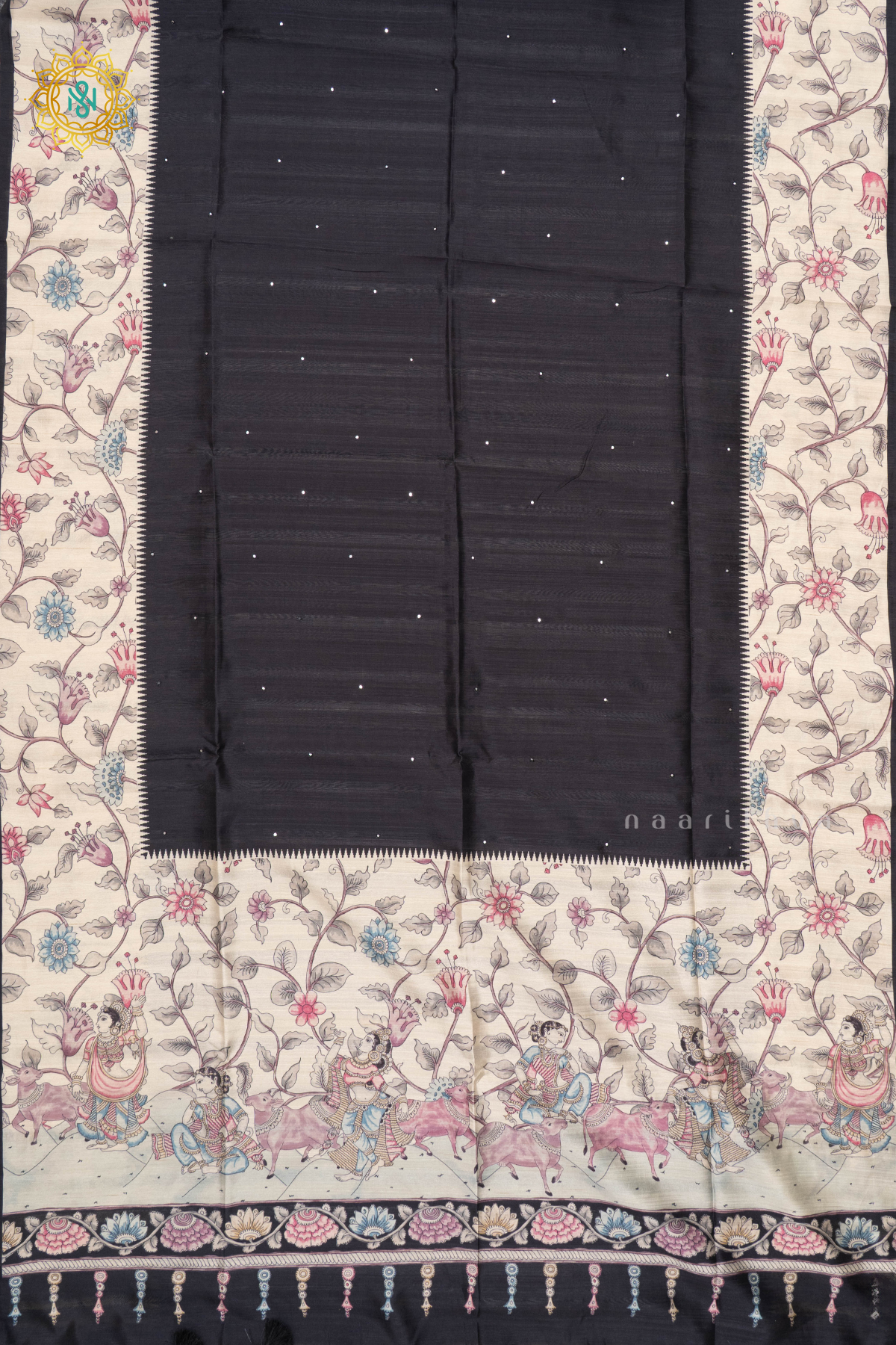 BLACK WITH WHITE - SEMI TUSSAR SILK