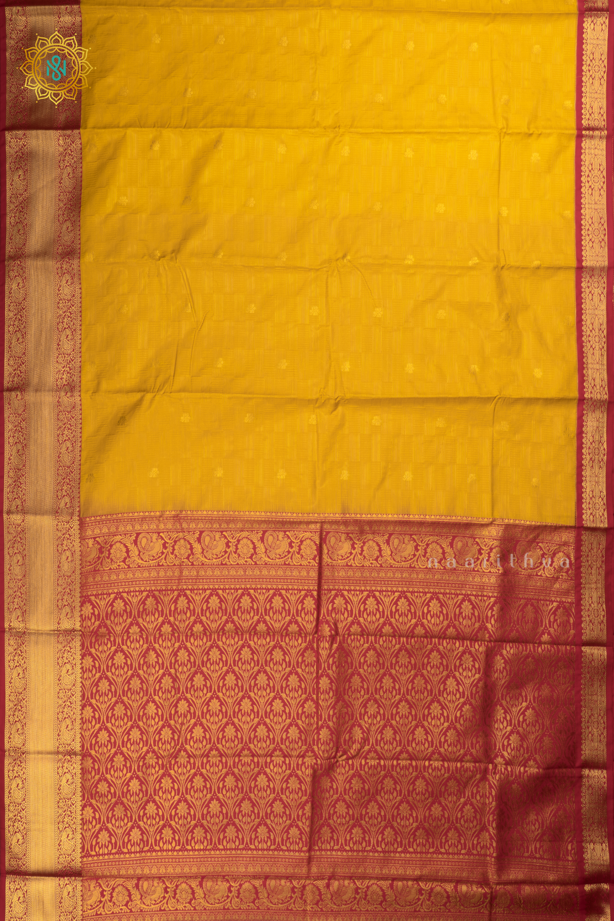 Yellow with Rani Pink Semi Kanchi Saree With Zari Buttas All Over And Contrast Zari Border