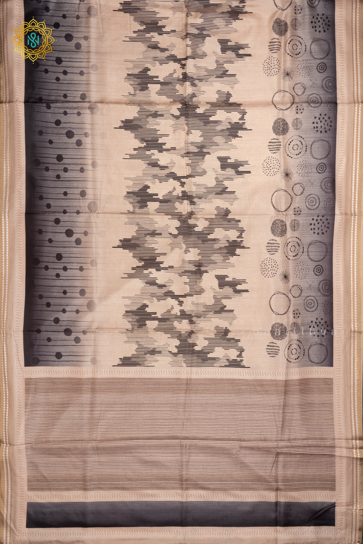 BEIGE WITH BLACK - SEMI CREPE SILK SAREE DIGITAL PRINTS AND ZARI WOVEN BORDER