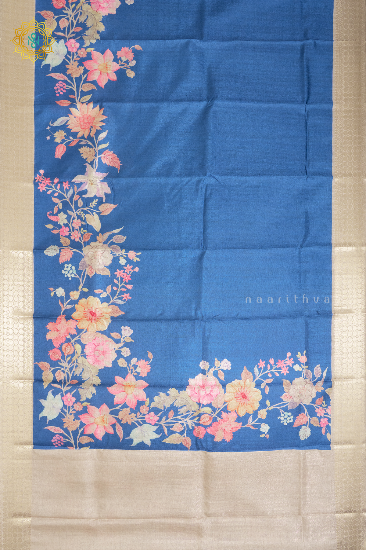 BLUE WITH OFF WHITE - SEMI TUSSAR SILK